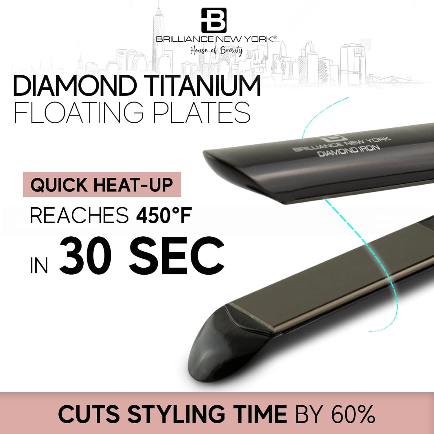Brilliance New York - 1 Inch Diamond Titanium Flat Iron - 2 in 1 Hair Straightener and Curler - Anti-Static, Frizz-Free Ionic Plates - Auto Shut-Off Dual Voltage Flat Iron W/Lcd Display image number 5