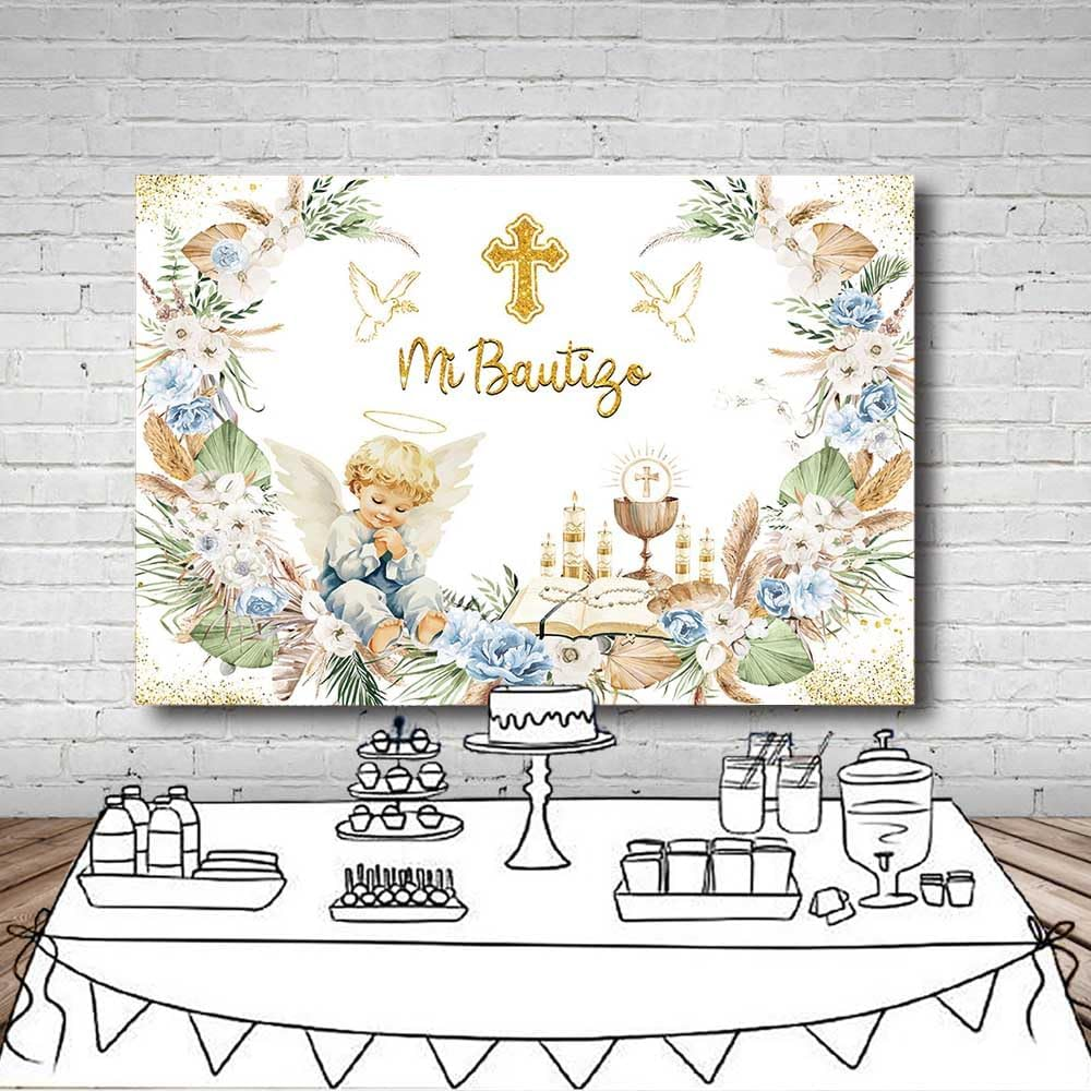MEHOFOND 2.1 X 1.5 M Boy Christening Decoration Background Mi Bautigo Cross Bohemian Flower Photography Background First Communion Church Christening Party Decoration Banner Studio Supplies image number 2