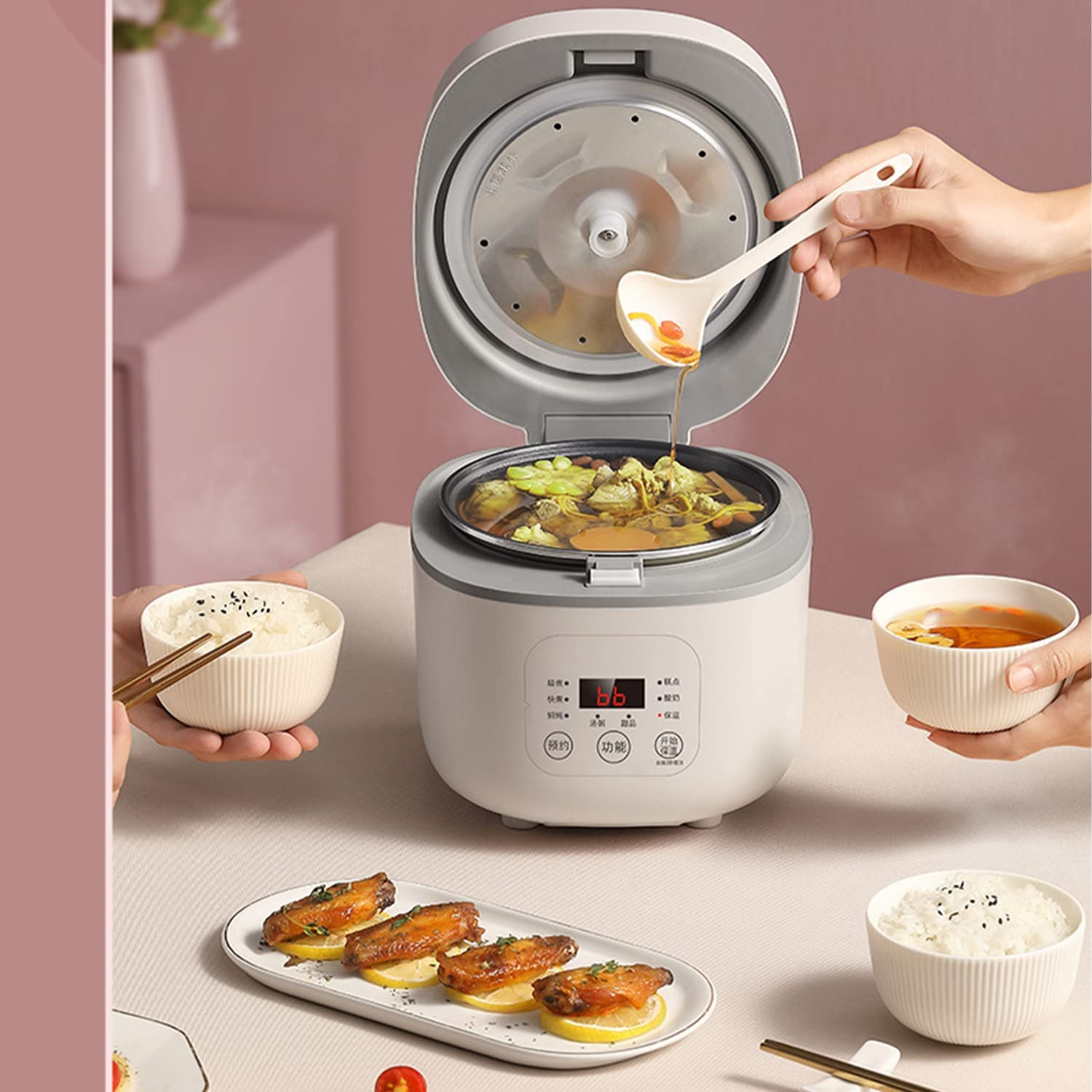 Mini Rice Cooker 3-Cups Uncooked, 1.6L Portable Non-Stick Small Travel Rice Cooker Smart Control Multifunction Cooker with 24 Hours Timer Delay & Keep Warm Function