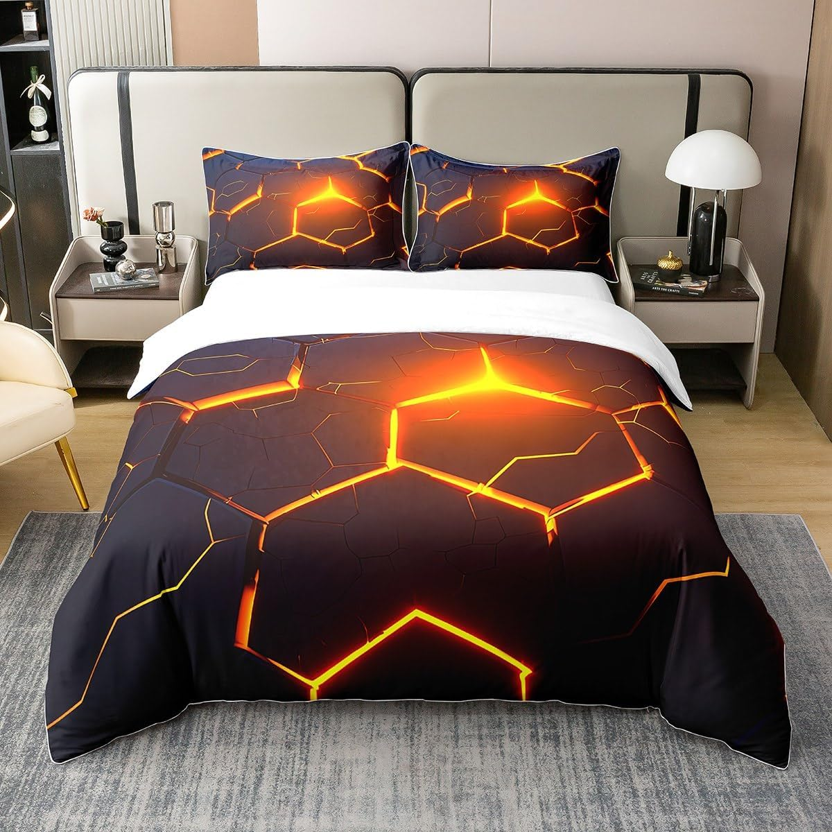 Neon Hexagon 100% Cotton Duvet Cover for Children, Geometry Print Comforter Cover 135 X 200, Black Beehive Bedding Set, Geometric Square Bed Linen Cover with 1 Pillowcase Lightweight