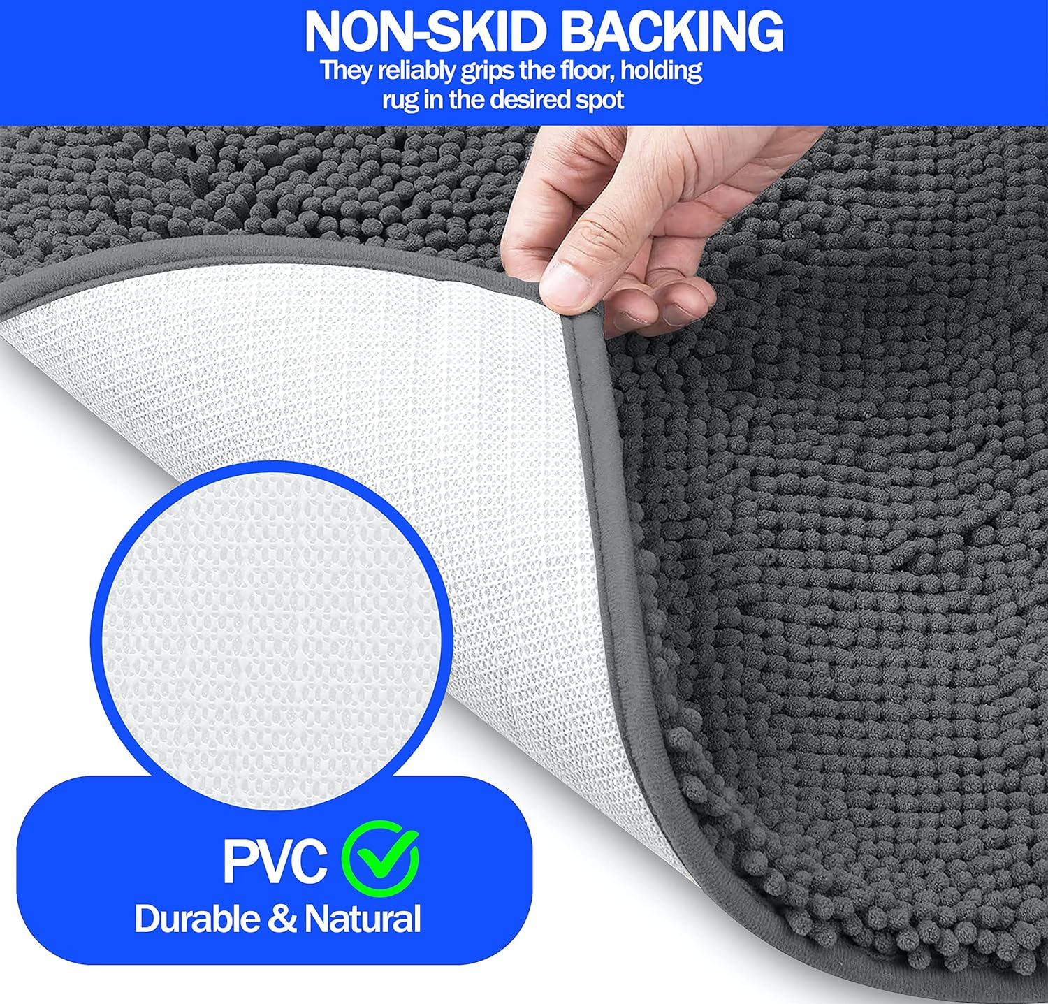 Bath Mat, GVTECH Chenille Non-Slip Back 50 X 80 CM Fleece Softness, Highly Absorbent, Bathroom Carpet, Super Soft Microfiber Bath Rug, Rectangle, Easy to Clean Mat (Grey) image number 1