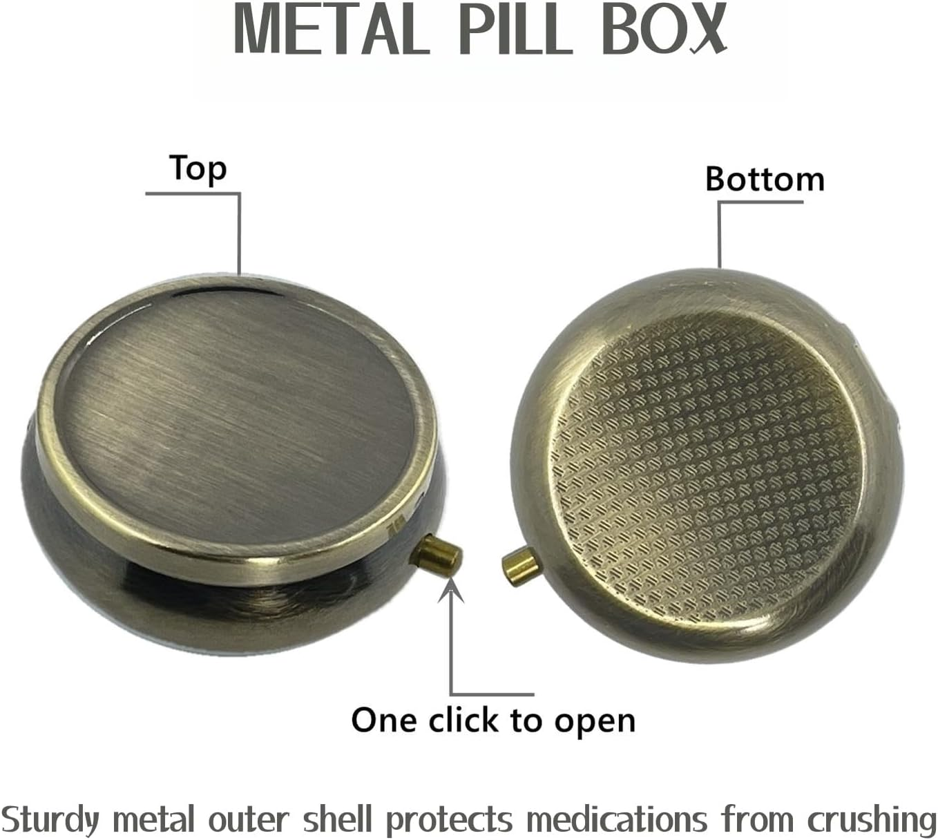 Small Pill Box, 3 Compartment Metal Pill Case, Pills Organizer Daily, Emergency Medicine Holder, Pills Storage Container with Mirror, Ideal for Purse, Travel, Outdoor, Gym, Bronze