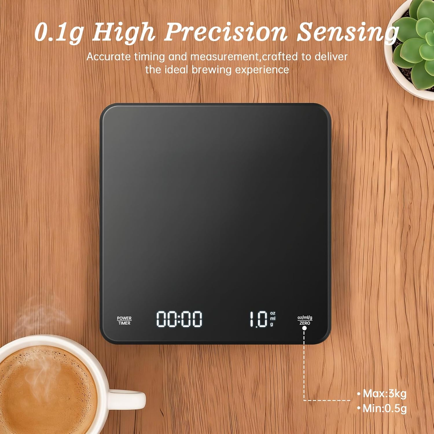 Joywoof Coffee Scale with Timer, 3Kg/0.1G Drip Espresso Scale with Auto Tare High Precision Kitchen Scale, Rechargeable Kitchen Food Scale with Digital LED Display Black image number 5
