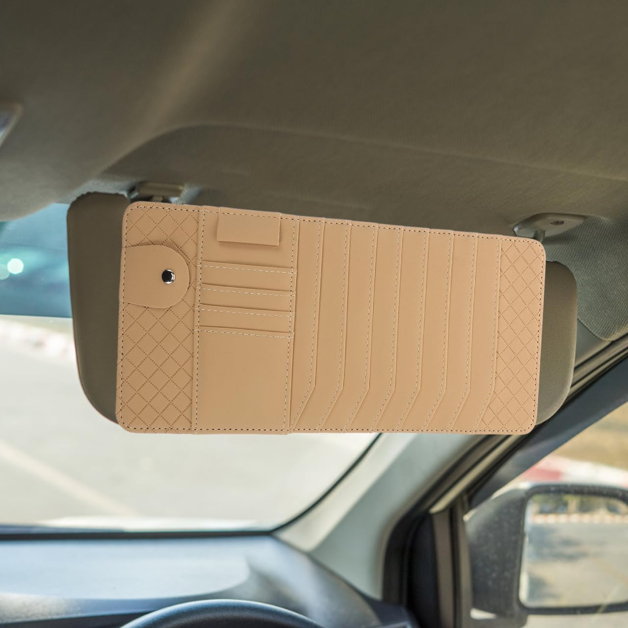 POPETPOP Car Visor Organizer CD Holder with Faux Leather Multifunctional Sun Visor Storage Bag for Sunglasses and Dvds Stylish Car Accessories for Drivers