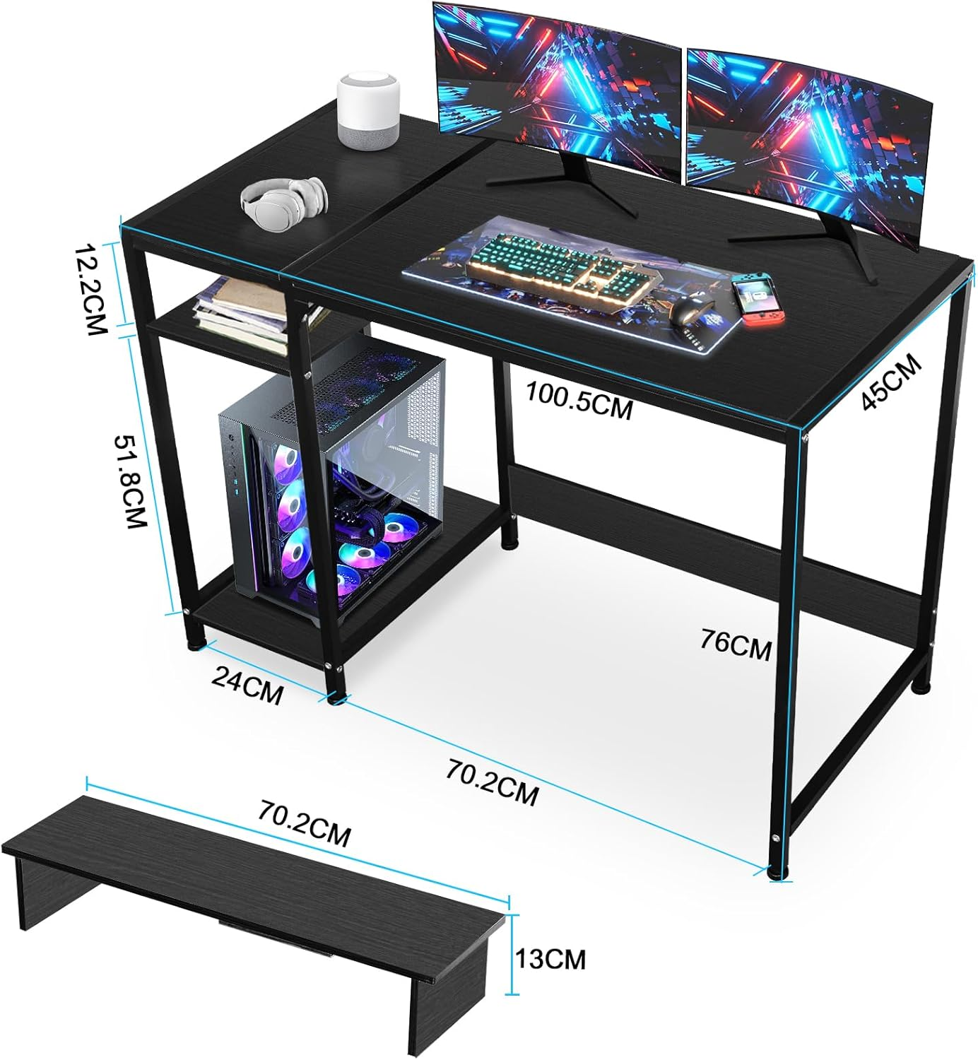 Computer Desk with Reversible Storage Shelves, Home Office Desk with Monitor Stand, Modern Simple Writing Table for Work Study Writing,100 * 45 * 76Cm, Black image number 1