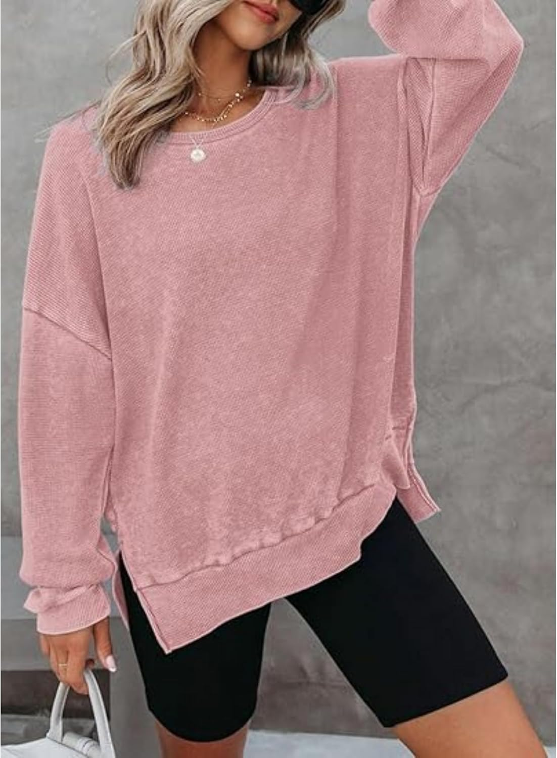 Waffle Knit Tops for Women Long Sleeve Shirts Side Slits Oversized Sweater Pullover Oversized Crewneck Sweatshirts image number 6