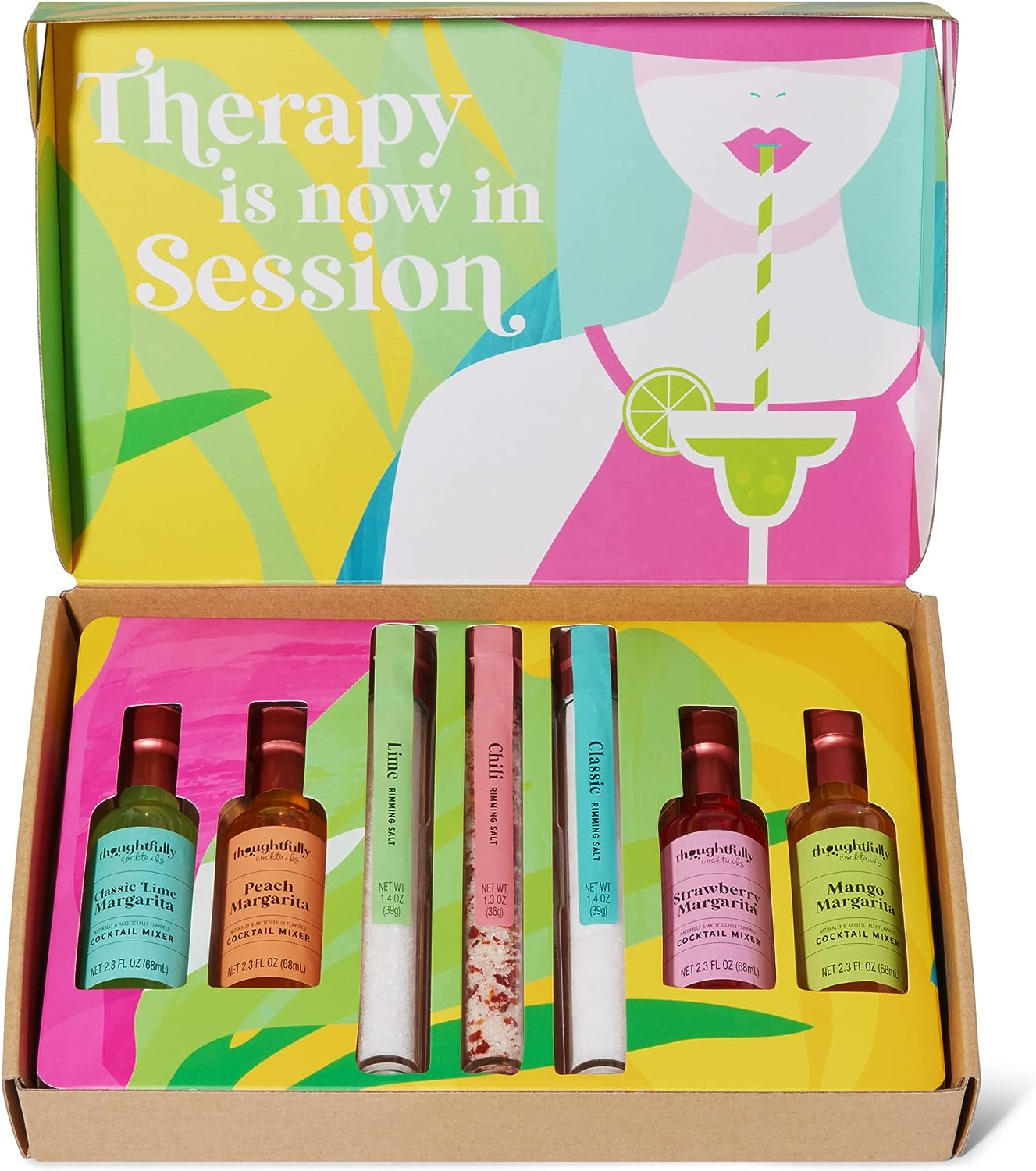Thoughtfully Cocktails, Margarita Cocktail Therapy Gift Set, Margarita Mixer Set Includes 4 Margarita Cocktail Mixers and 3 Salt Rimmer Flavors, Set of 7 (Contains NO Alcohol)