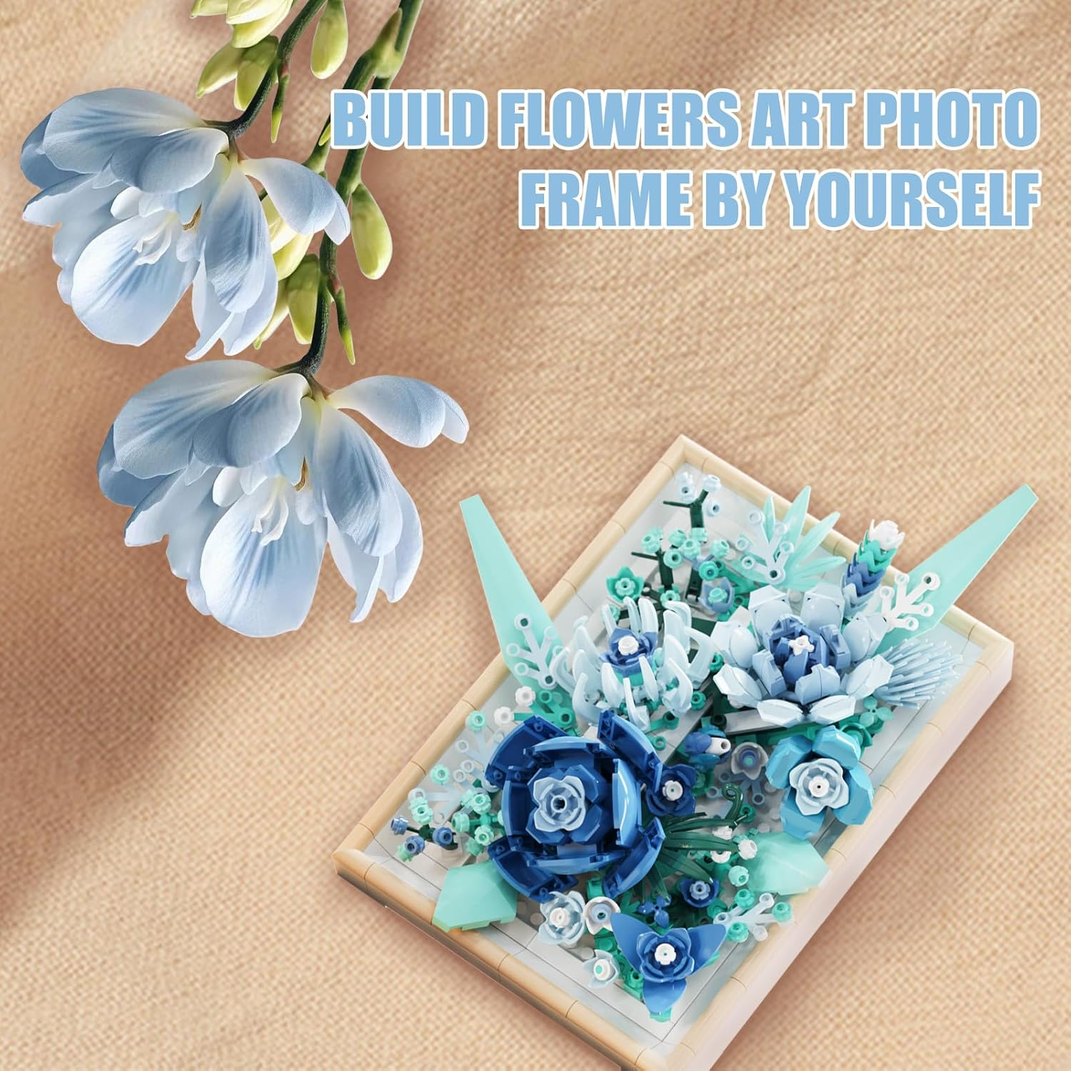 Flowers Building Block Set Compatible with , DIY Blue Roses Picture Frame, Home Office Decor, Wall Art Botanical Collection Gifts for Adults Teens Age 8+(728 Pcs)