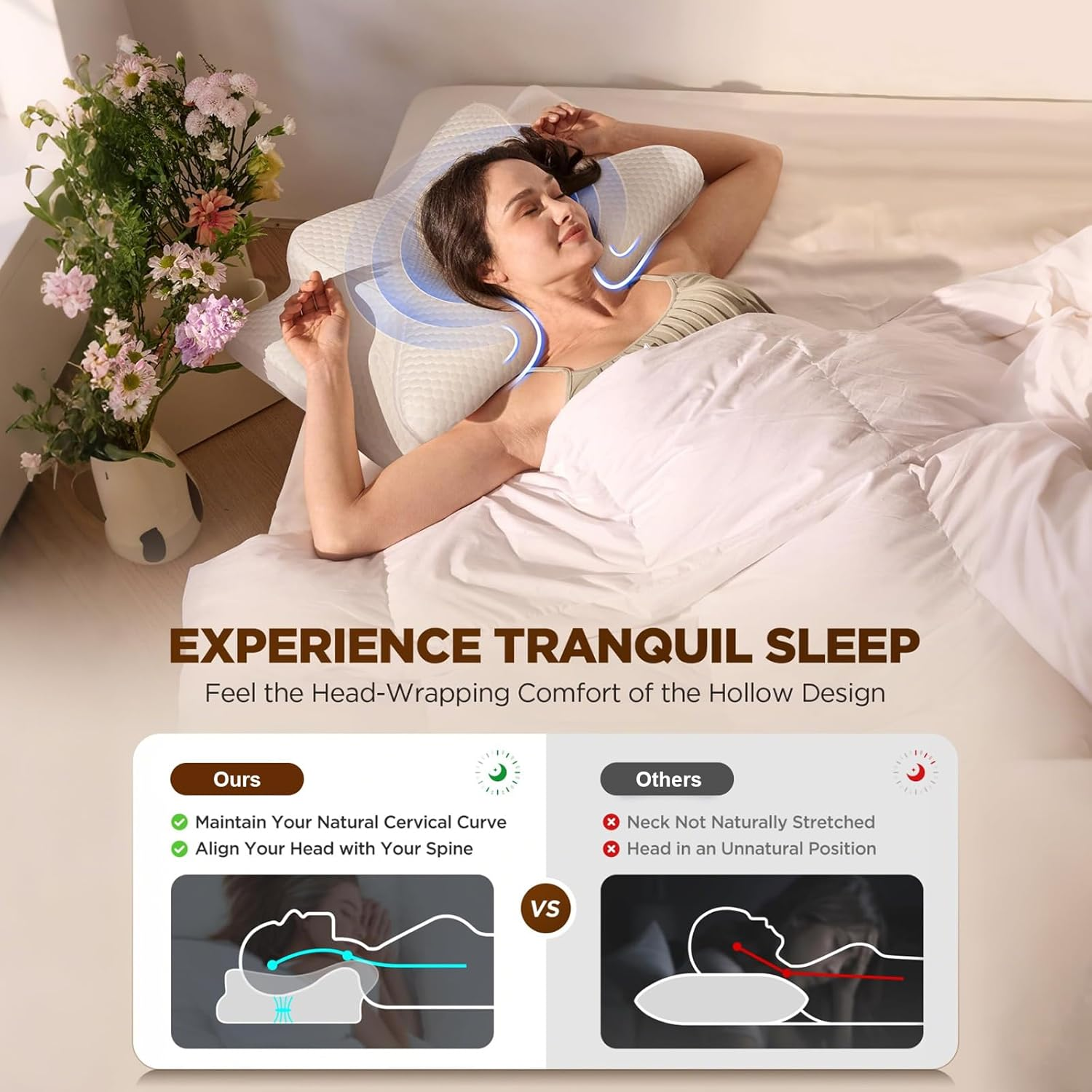 Cervical Neck Pillow Latex Orthopedic Ergonomic Pillows for Neck Pain Relief Side Sleeper Pillow for Neck Support Memory Foam Pillow for Side Back & Stomach Sleepers with Earplugs​ Sleep Mask - 2 image number 7