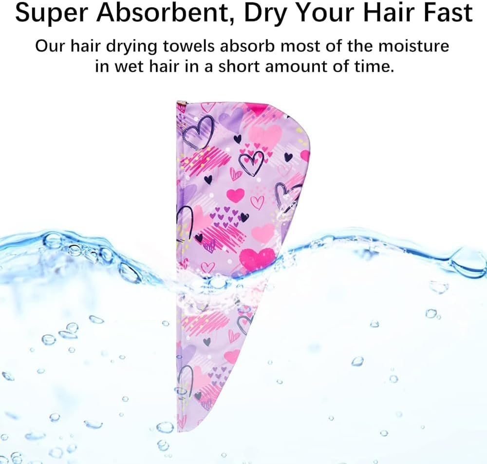 2 Pack Microfiber Hair Drying Towels Quick Dry Anti-Frizz Head Turban with Button Wet Hair Towel Wrap Turban for Long Thick & Curly Kids Girls Women,Super Absorbent Soft (Pink & Blue Love) image number 1