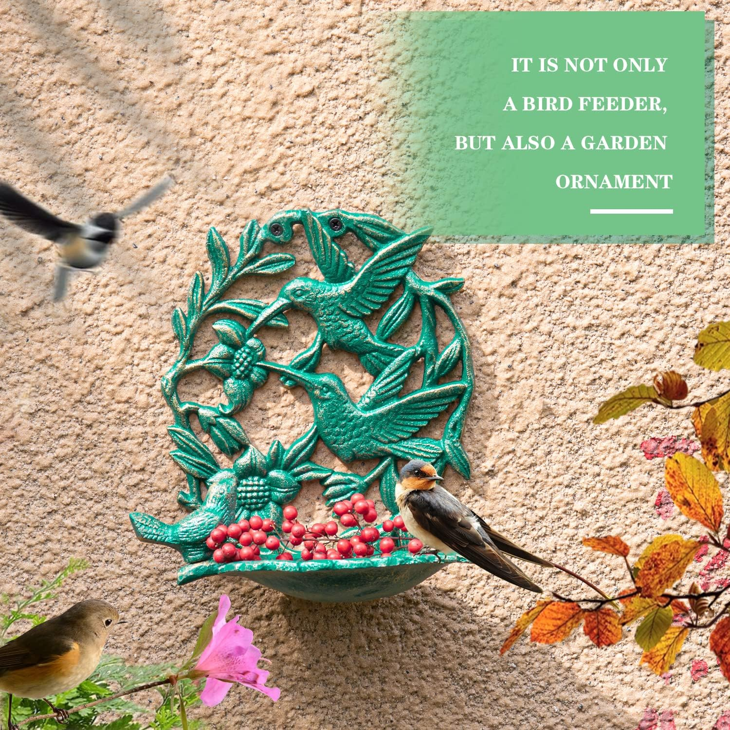 Sungmor Cast Iron Wall-Mounted Bird Feeder, Cute Hummingbird Decor Small Water Bath, Wall Hanging Fence Bird Bath Feeder, Beautiful Green Birdfeeder for Garden Backyard Patio Decoration image number 2