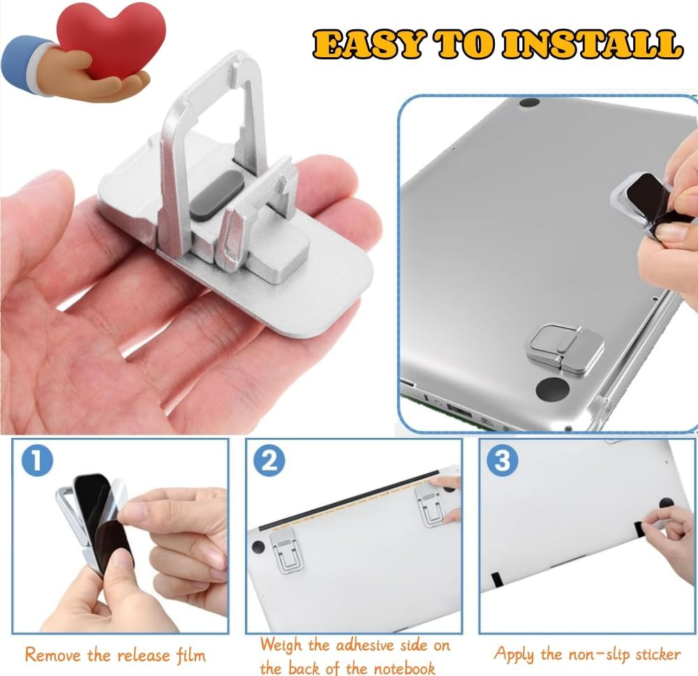 FUNNTY Adjustable Angles Zinc Alloy Mini Foldable Laptop Stand,Portable Computer Keyboard,Self-Adhesive Invisible Notebook Stand and Keyboard Lift for Desk (2Pcs Silver) image number 4