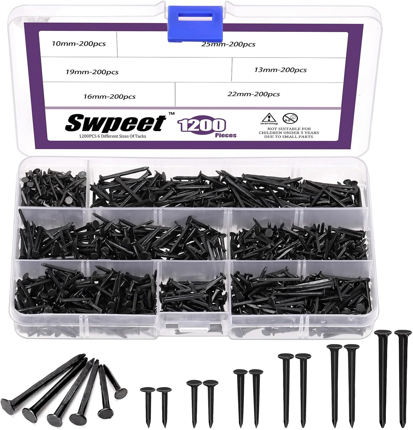 Swpeet 1200Pcs 6 Sizes 10Mm/13Mm/16Mm/19Mm/22Mm/25Mm Metal Nails Tacks Assortment Kit, Non-Slip Shoe Tacks Metal Hardware Nails Studs for Shoes Boots Leather Heels Soles Repairs Replacement image number 5