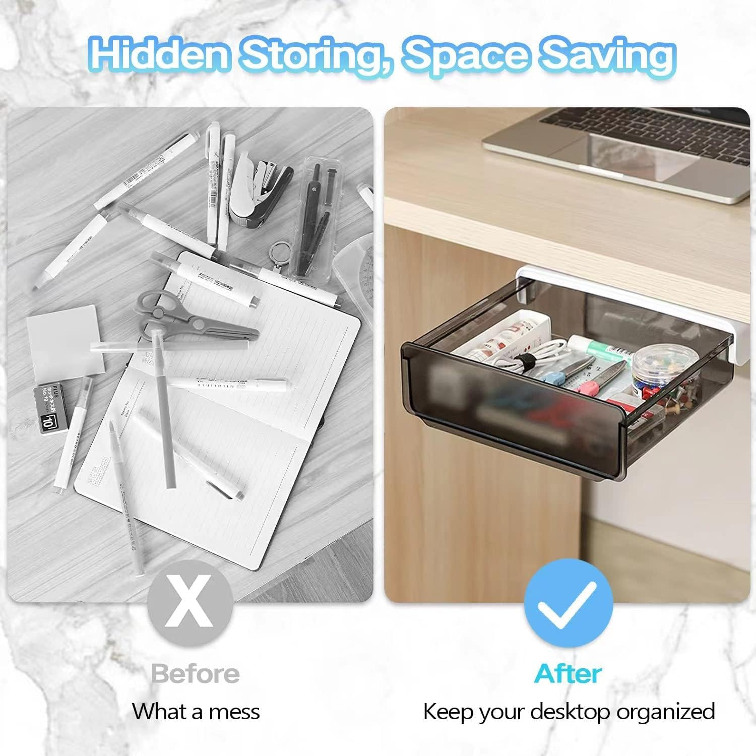 2 Pack Larger under Desk Drawer Organizer, Slide Out Desk Drawer, Clear Plastic Drawer under Desk for Office, School, Home, Hidden Desktop Organizer Pen Holder for Desk Self-Adhesive (BLACK) image number 4