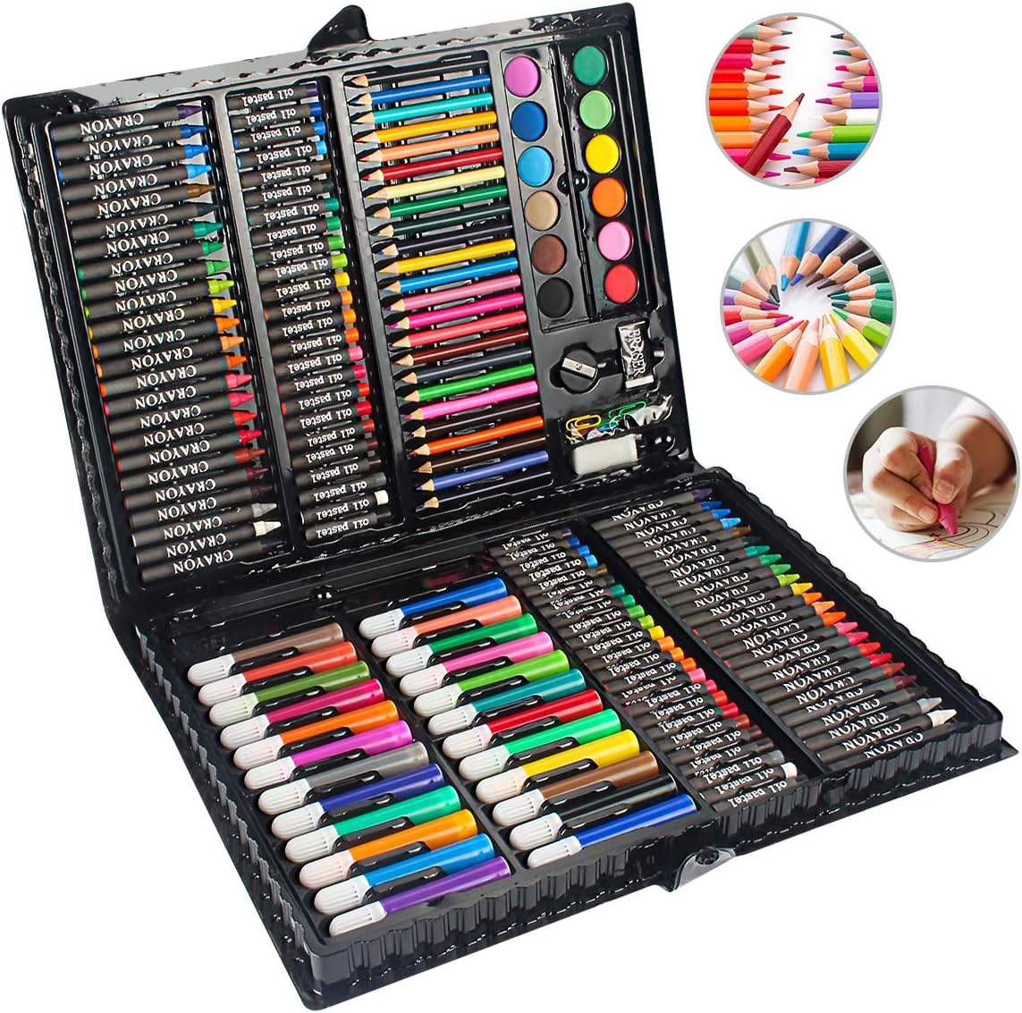 MIAOKE 168 Piece Art Set, Drawing Box for Children - Colored Pencils, Crayons, Oil Pastels, Watercolor Cake, Eraser, Pencil Sharpener, HB Pencil,18-Page Sketch Pad