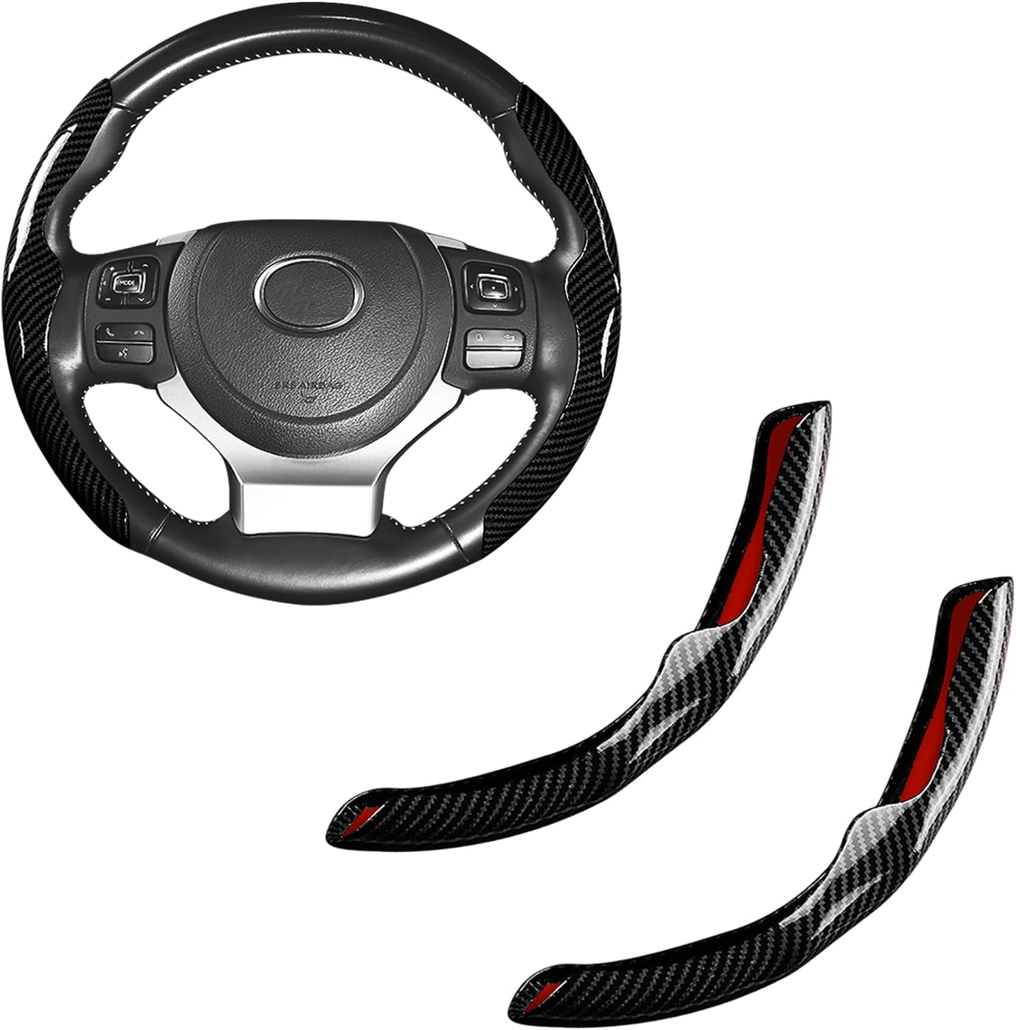 Car Steering Wheel Cover Bright Carbon Fiber, Steering Wheel Wrap Set Non-Slip 2Pcs Protector Interior Decoration 14-15 Inch Universal (Black)