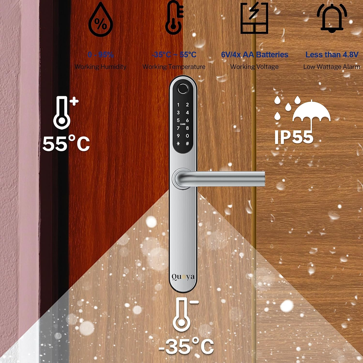 QUOYA D1 Smart Door Lock, 75&deg; Max Rotation Angle, IP55 Waterproof, Unlocking Method (Fingerprint, RFID Key Card, Pin/Passcode, App, Mechanical Key) (Silver) - Black image number 7