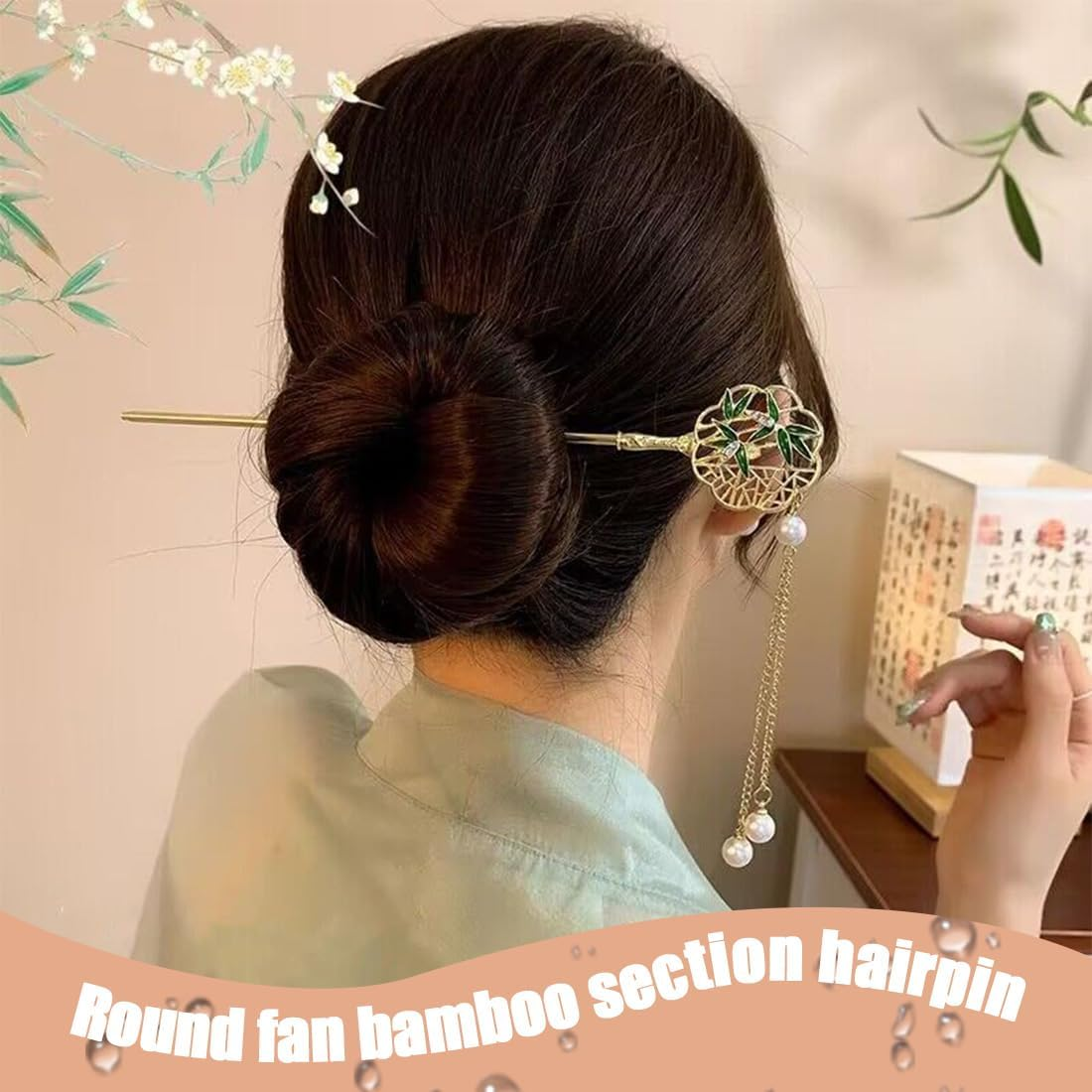 Antique Hairpin, 1 Piece Vintage Hair round Fan Bamboo Hair Sticks Hair Chinese Hair Pins Old Hair Clip for Decorative Hair Solid Hairstyle image number 2