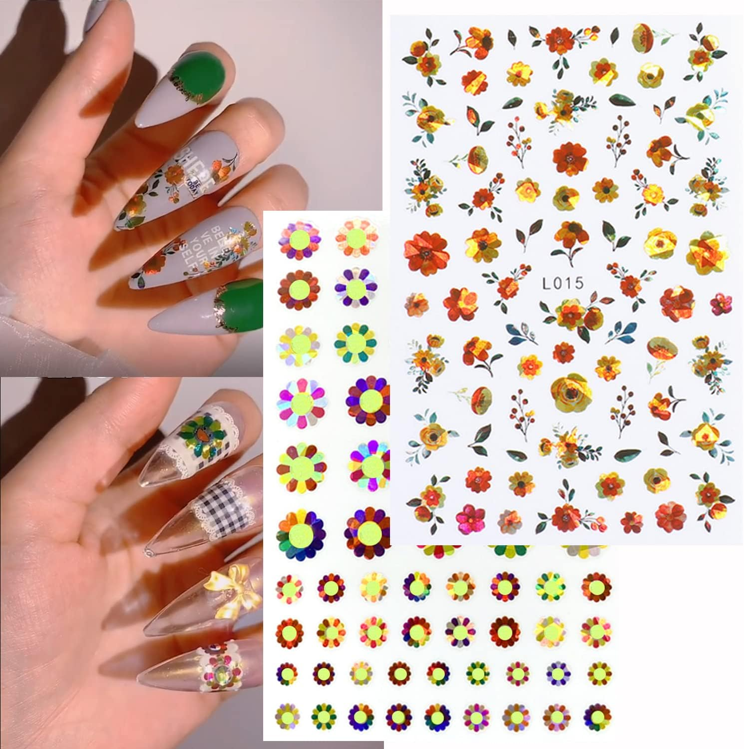 Laser Glitter Nail Art Stickers, 3D Self-Adhesive Nail Decals Design, Holographic Flowers Flame Heart Fruit Butterfly Nail Art Decoration for Women Girls Manicure Charms DIY Nails Supplies (8 Sheets) image number 2