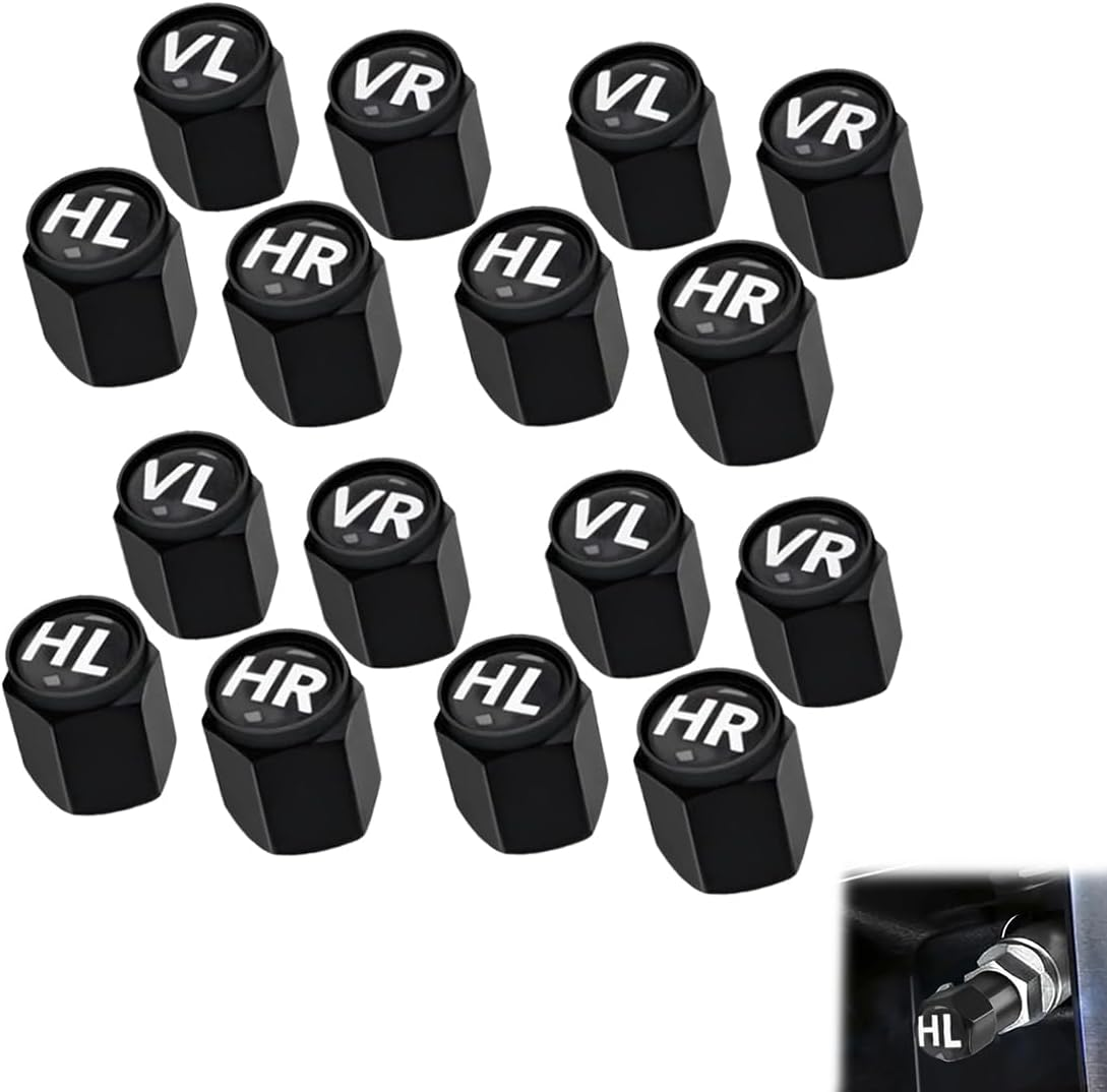 JRYXDS 16 Valve Caps Black Universal for Car, SUV, Motorcycle & Truck, Tyre Valve Closure, Wheel Valve Cover, Rubber Caps with Seal, Marking Vl/Vr/Hl/Hr image number 6