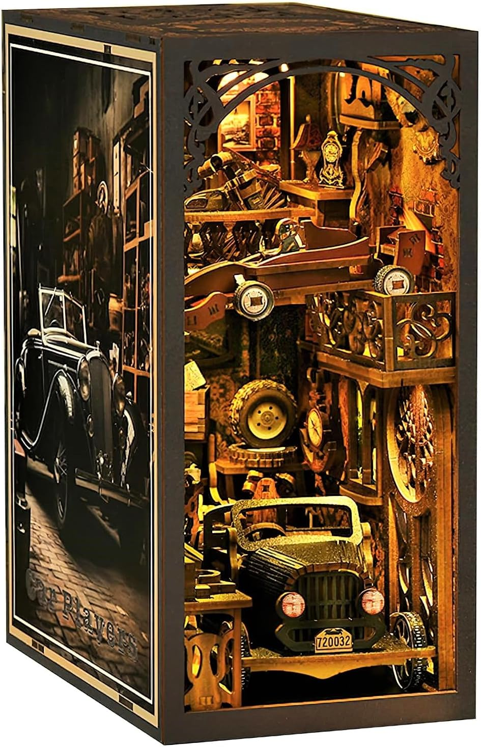 Ysityum Book Nook Kit, 3D DIY Wooden Puzzle Dollhouse Kit for Adults & Teens, Book Nook Bookshelf Insert Decoration Bookend Miniature Kit with Sensor Light Creative Craft Home Decor, Vintage Car image number 3