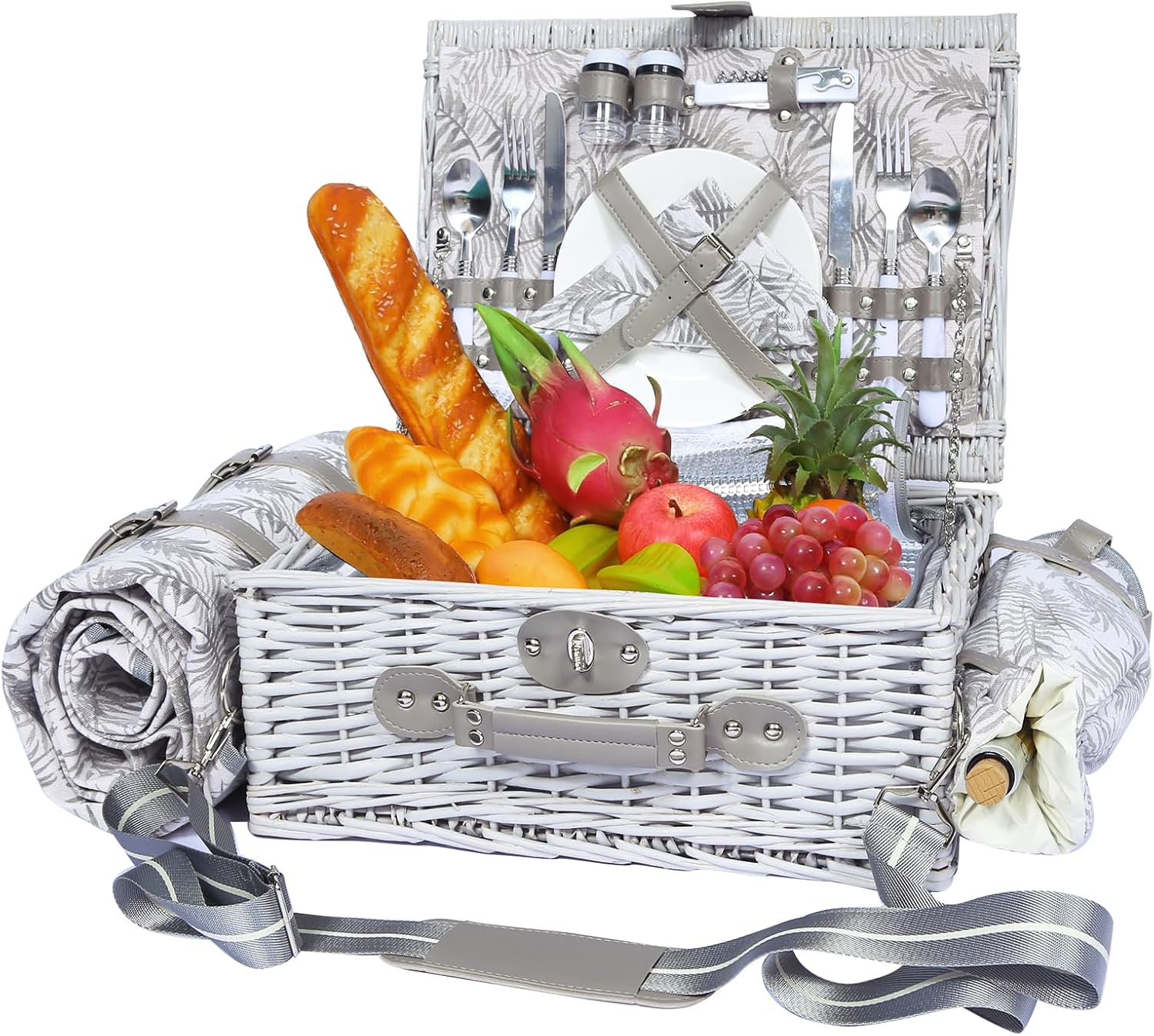 Picnic Basket for 2 with Waterproof Blanket and Wine Pouch, Insulated Wicker Picnic Basket Set, Large Willow Hamper for Outdoor, Beach, Camping, Couples, Wedding Gift, Pink