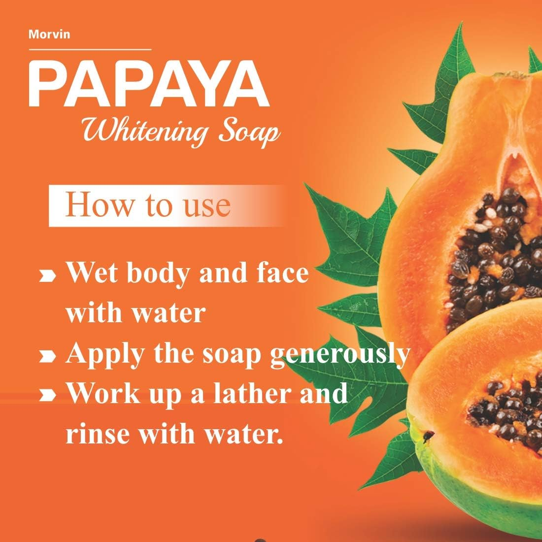 Morvin India Papaya Skin Whitening Soap 75Gm(Pack of 4) for Skin Whitening, Enriched with Papaya Extract, Kojic Acid and Shea Butter image number 4