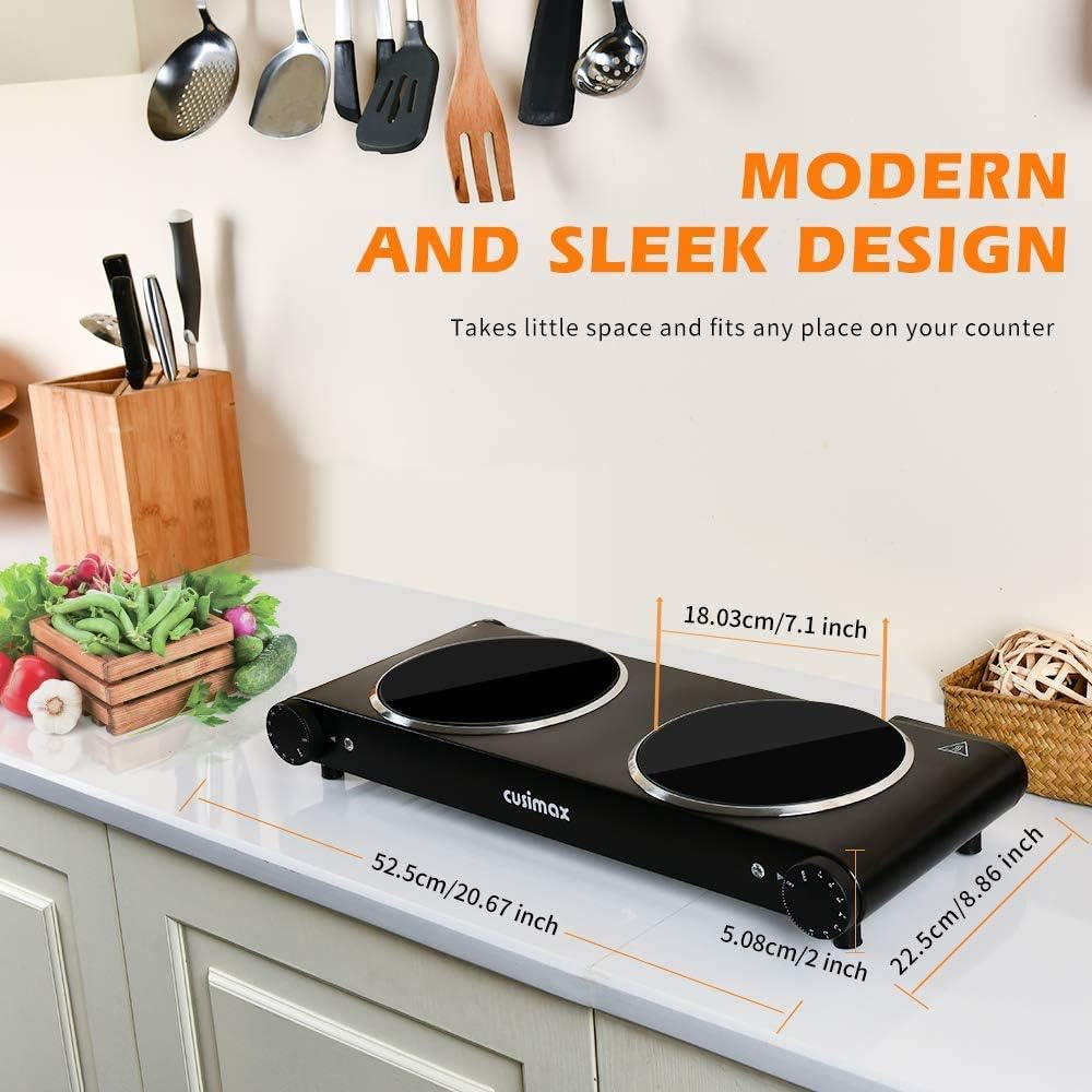 CUSIMAX Infrared Double Hot Plate 1200W & 1200W, Double Ceramic Hotplates Electric Stove for Cooking with Independent Adjustable Thermostat, Cooktop Burner, Compatible for All Cookwares
