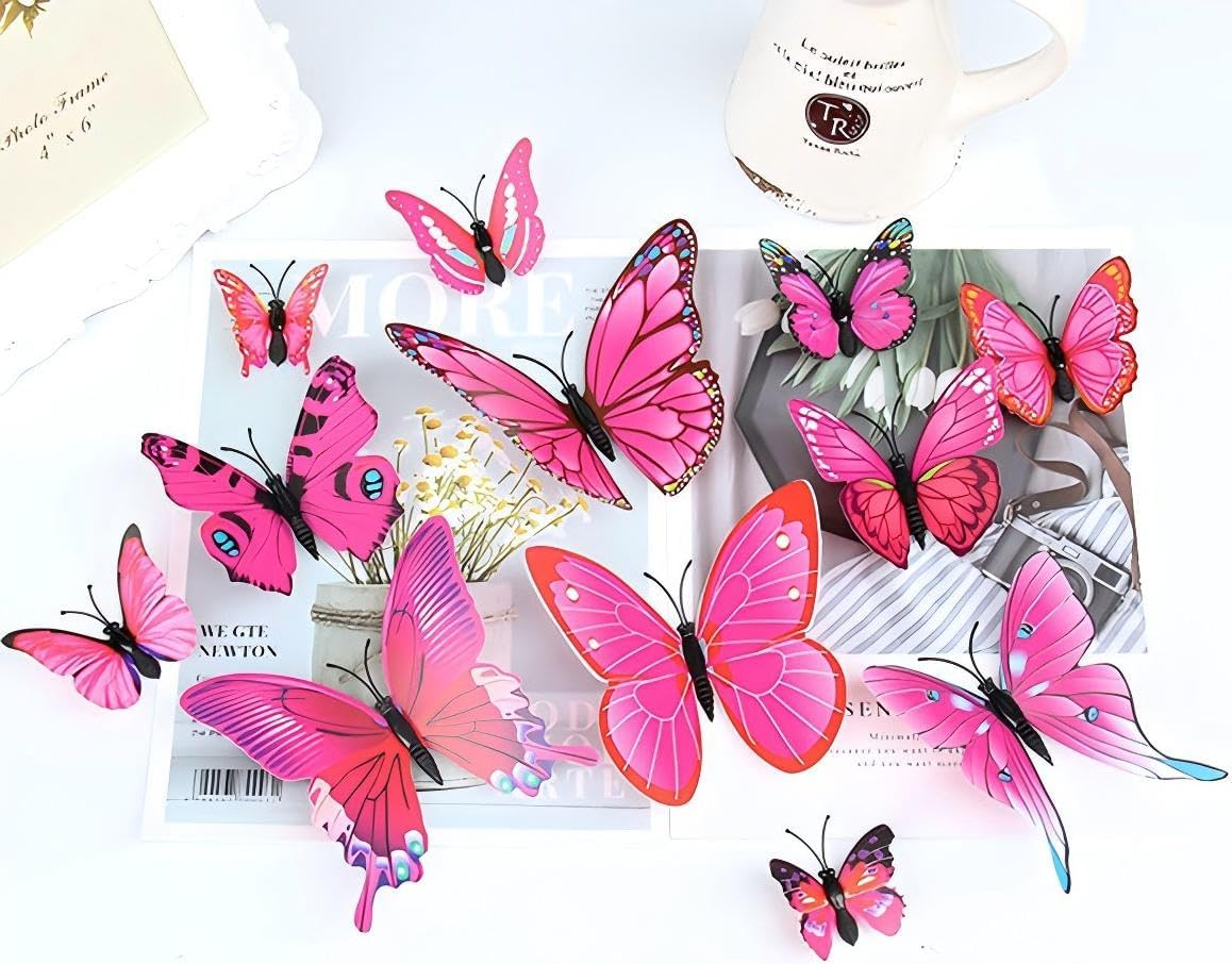 Tongke 3D Blue Butterfly Wall Decals, 12 Pieces, Decorative Adhesive Art Stickers (Rose Red)