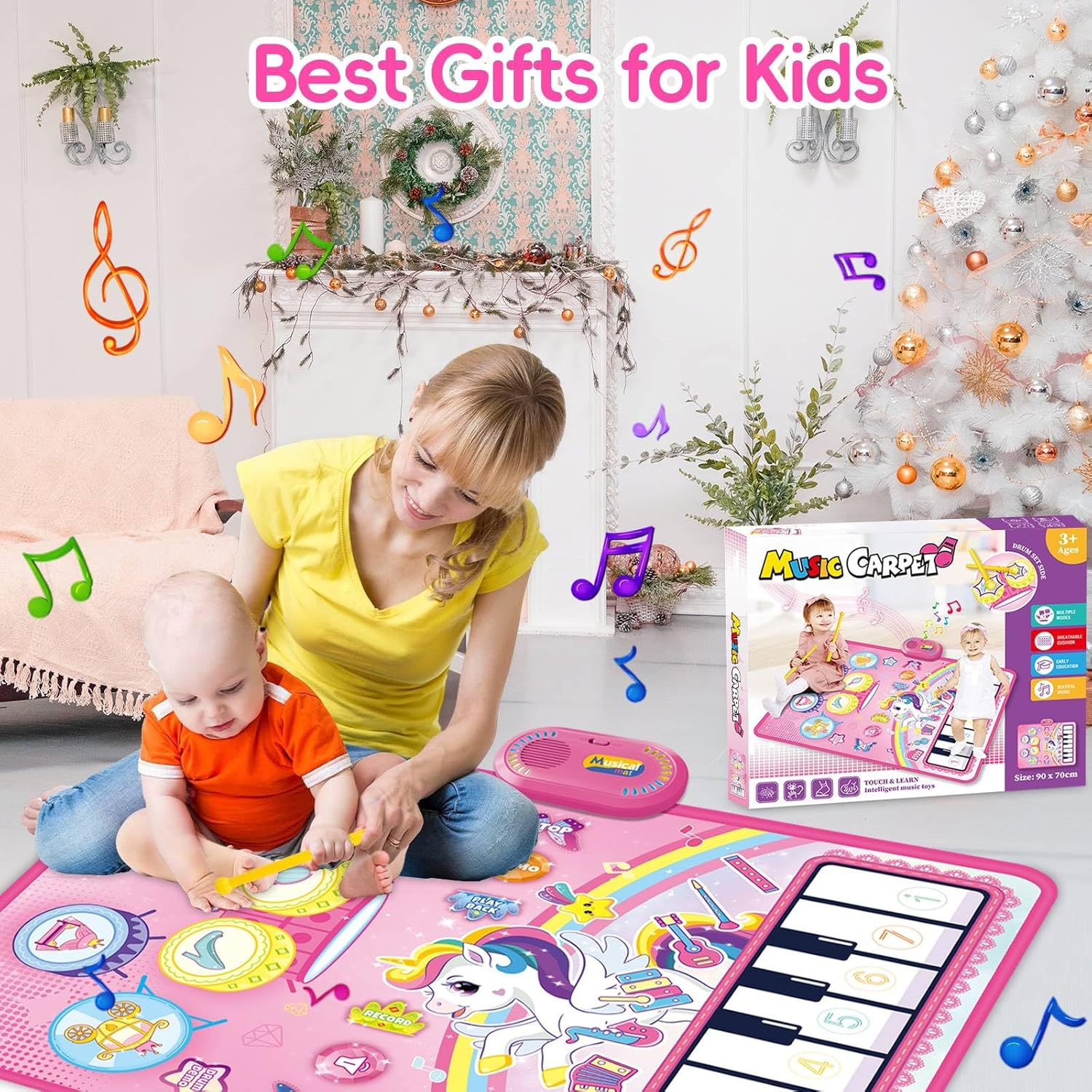 Piano Drum Kids Play Mat, Unicorn Piano Keyboard & Drum Set with Drums Sticks, Musical Mat Toys for Kids, Musical Instruments Montessori Toy for 3 4 5 6 Years Old Boy Girl Birthday Gift image number 1