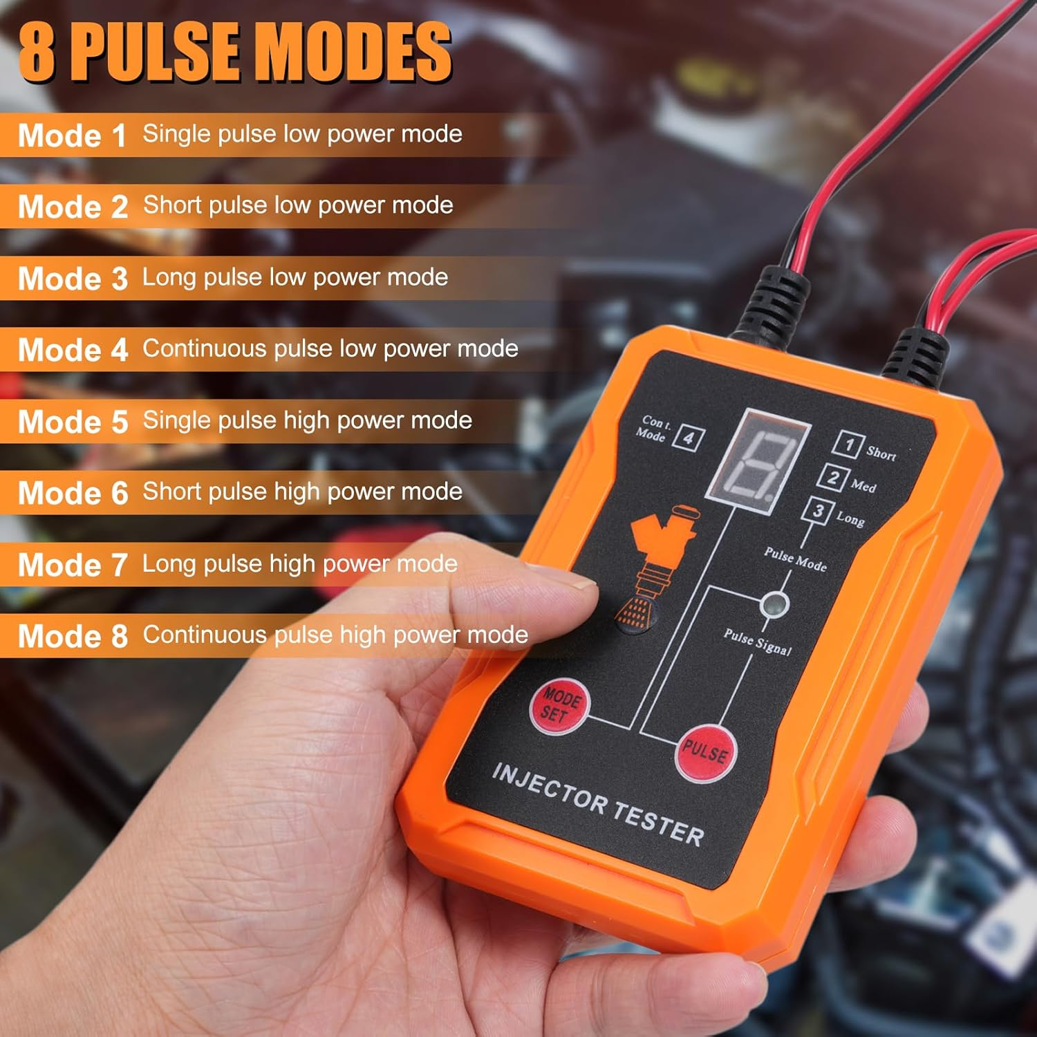 Pyhodi Fuel Injector Tester, 8 Pulse Modes, Universal DIY Fuel Injector Cleaner Kit with 4 Adapters, Test Two Injectors Simultaneously, for Almost All Vehicle Models with Short Circuit (Orange) - Orange image number 5