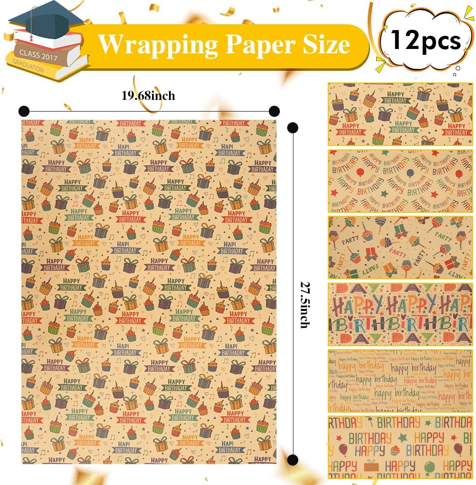 Rugwioyu Happy Birthday Paper 12 Sheets 20X27In Folded Flat Gift Wrapping Paper 4 Style Sports & Birthday Themed Gift Wrapping Supplies image number 4