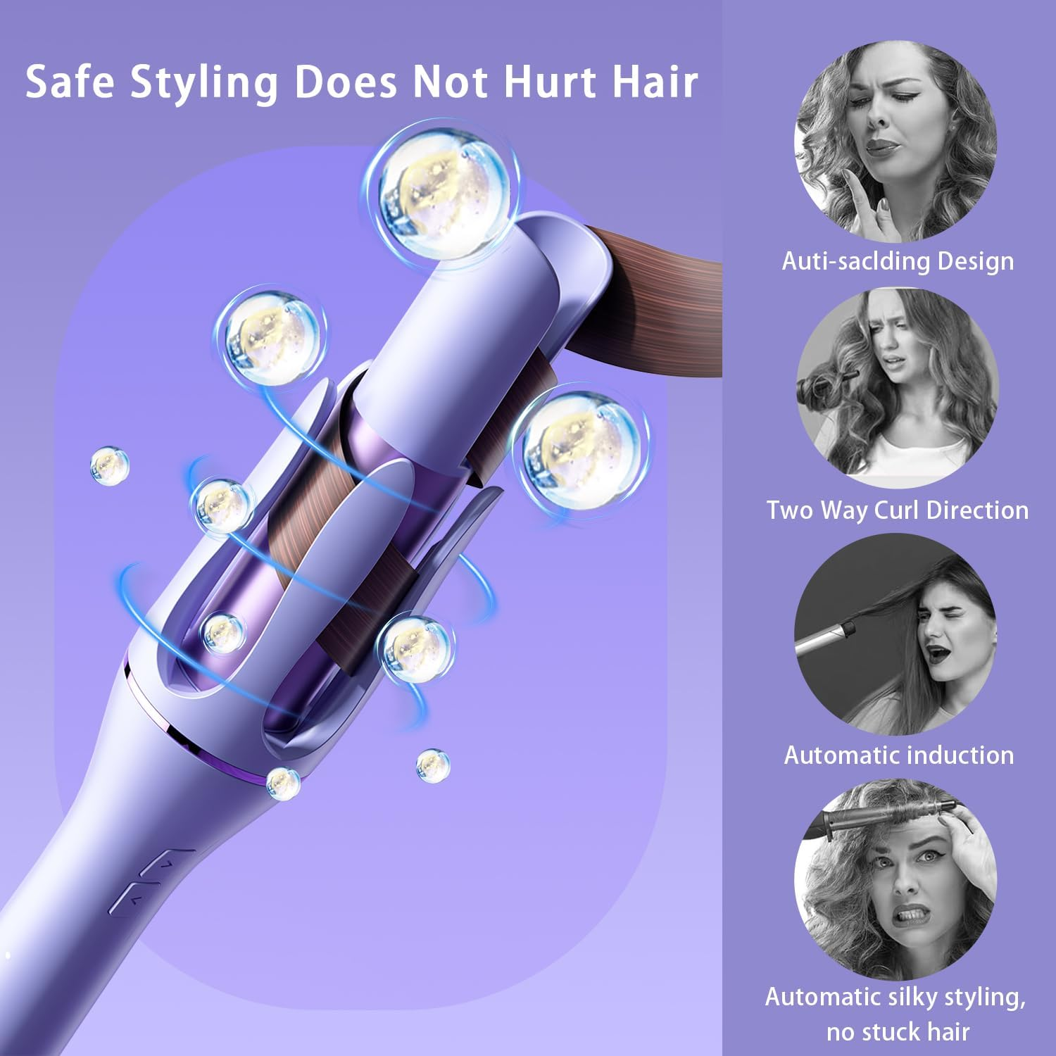 ZEOEZHBI Automatic Curling Iron, Auto Hair Curler Rotating Curling Iron Spinning Curling with 4 Temps Hair Curling & 1" Large Rotating Barrel Auto Shut-Off for Styling, Purple image number 4