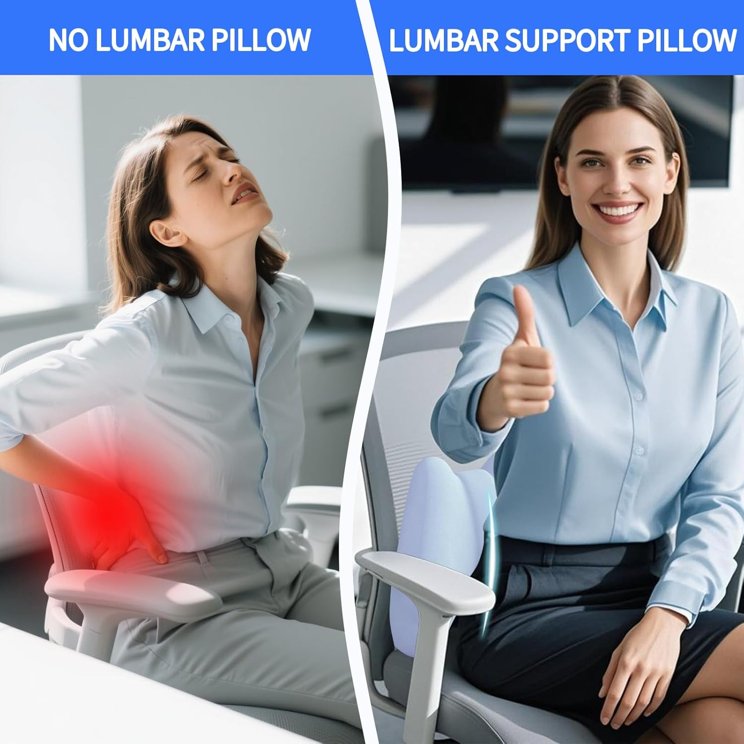 Back Support Pillow for Pain Relief, Lumbar Support Cushion with Adjustable Strap, Soft Memory Foam Lower Back Rest Cushion for Car Seat & Office Chair (Light Blue)