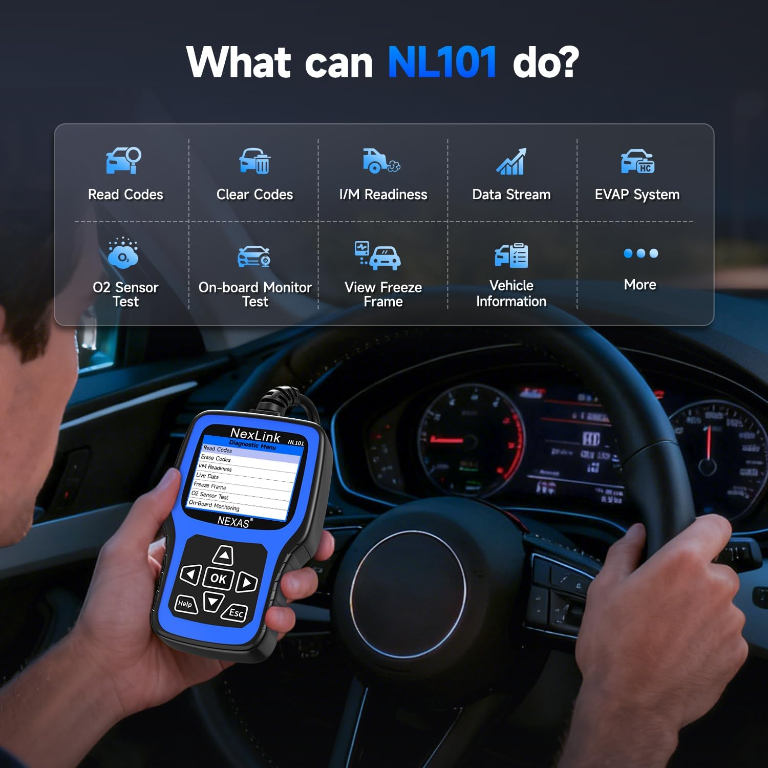 NEXAS NL101 OBD2 Scanner Diagnostic Tool & Battery Tester, Check Car Engine Light Code Reader Scan Tool with Full OBDII Function Live Data Stream for All Vehicles, F-Ree Protective Case & Update image number 2