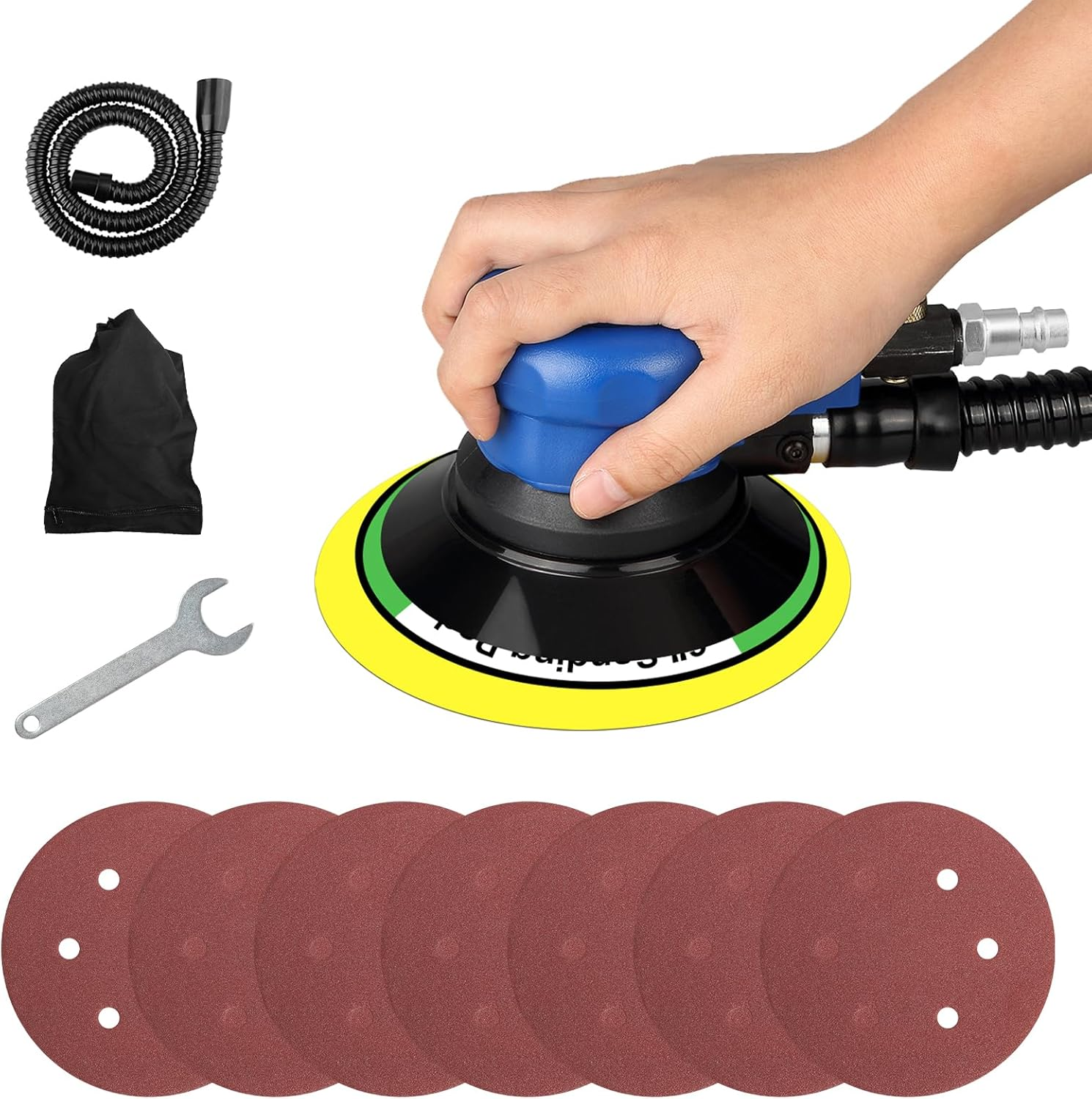 Uten 6" Air Random Orbital Sander Dual Action Pneumatic Palm Sander with Speed Regulation with 7 Pcs of Sand Paper image number 6