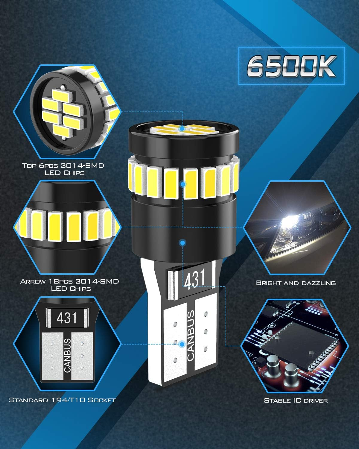 Katur 194 LED Light Bulb 6000K White Super Bright 168 2825 W5W T10 Wedge 24-SMD 3014 Chipsets LED Replacement Bulbs CANBUS Error Free for Car Dome Map Door Courtesy License Plate Lights (10Pcs,White)