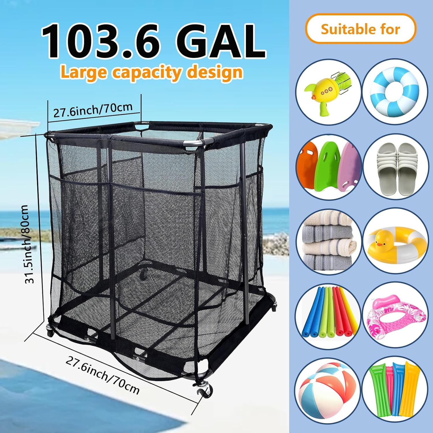 Pool Float Storage Organizer with 2 in 1 Mesh Storage Cover, XXL Nylon Mesh Pool Storage Bin Pool Float Toy Holder with Metal Frame and 360&deg; Wheel for Pool Noodles Toys Floats Balls Equipment (L) image number 6