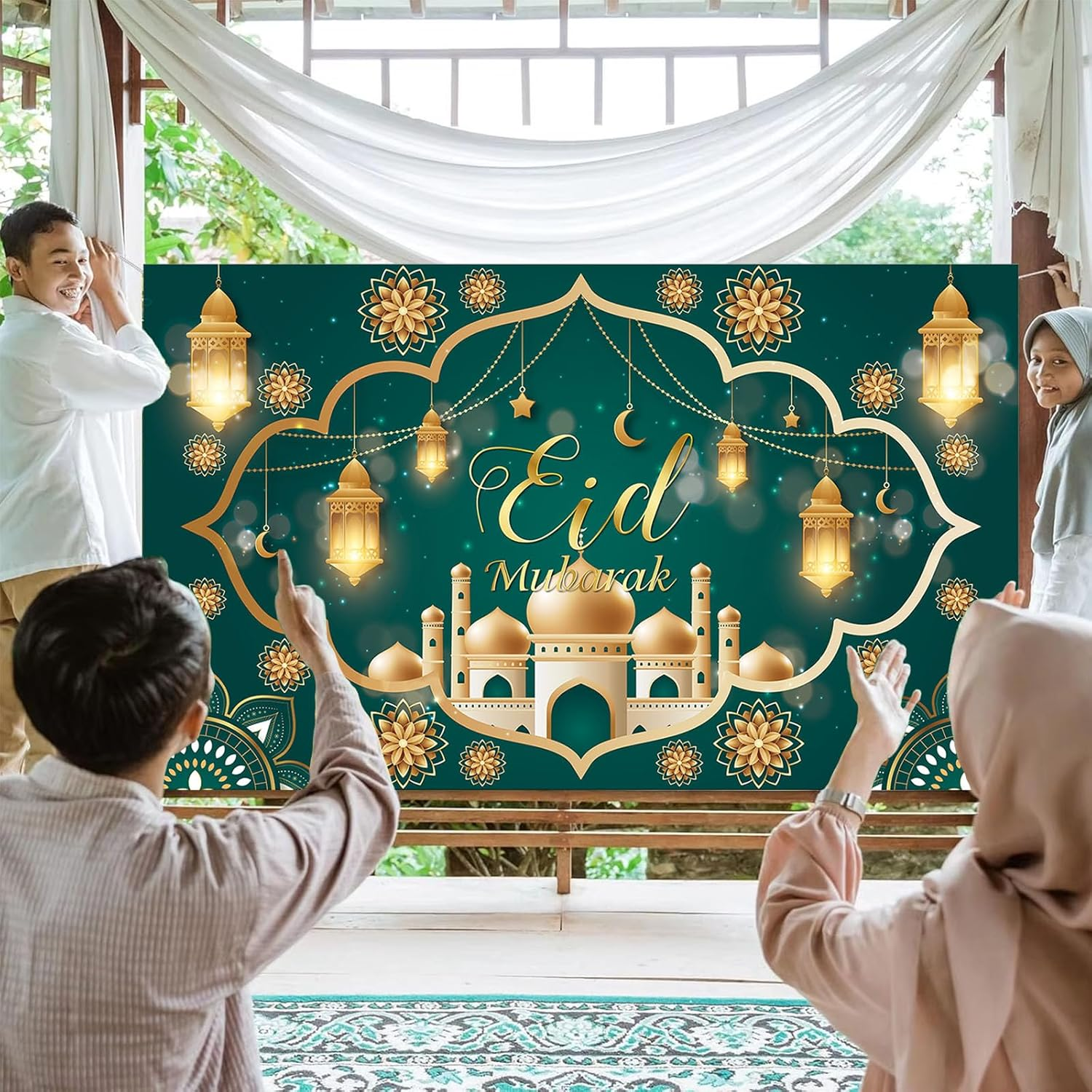 Eid Mubarak Banner 2025, Extra Large Fabric Ramadan Kareem Backdrop for Decorations, 72 X 44 Inch Star Moon Lanterns Castles Photo Booth Background for Islamic Muslim Al-Fitr Party Supplies image number 5