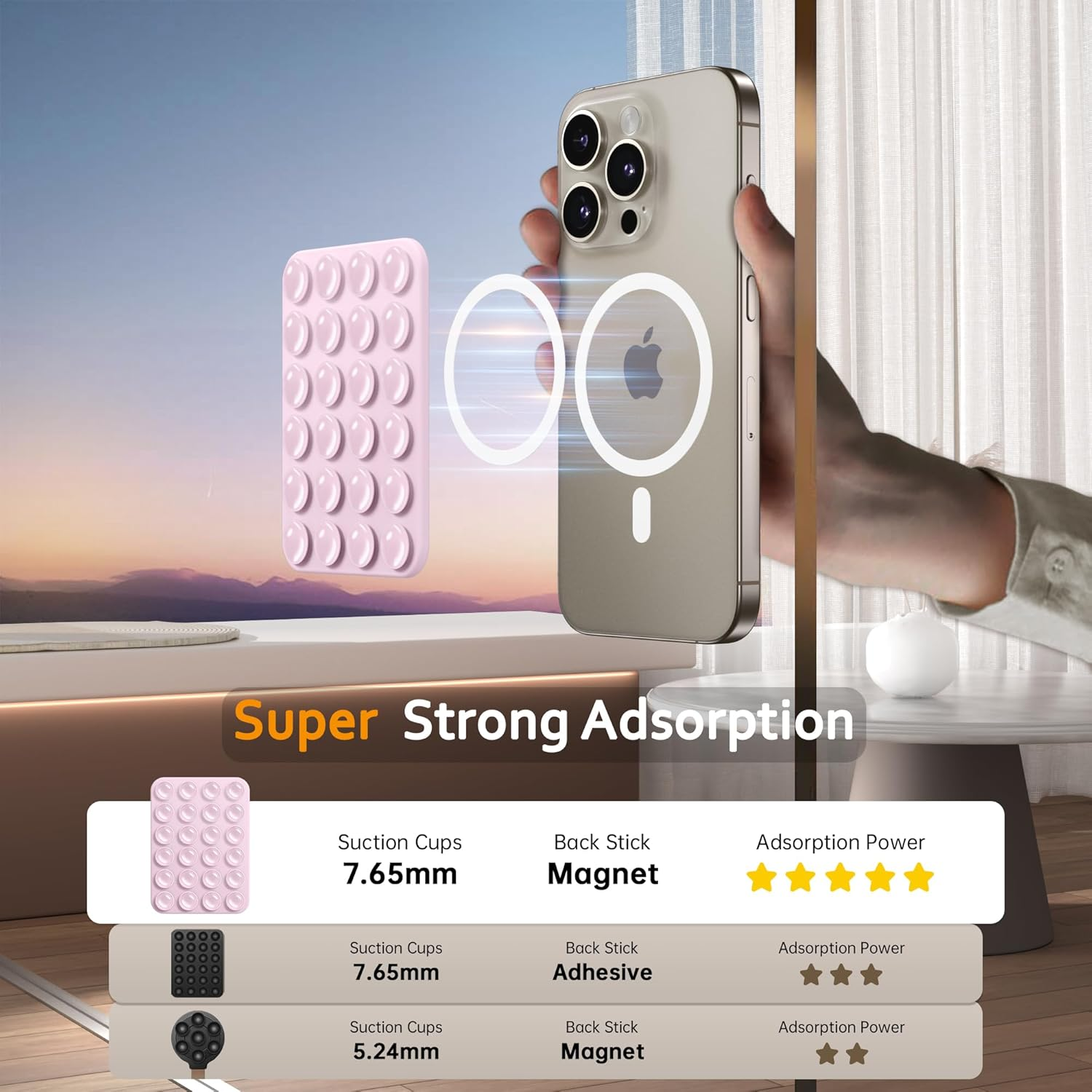 GONEZ Magnetic Suction Cup Phone Mount for Magsafe Case, Removable Silicone Sticky Grip for Iphone 12/13/14/15/16, Hands-Free Selfies and Videos for Tiktok & Instagram Influencer/Creator, Pastel Pink - Black image number 2