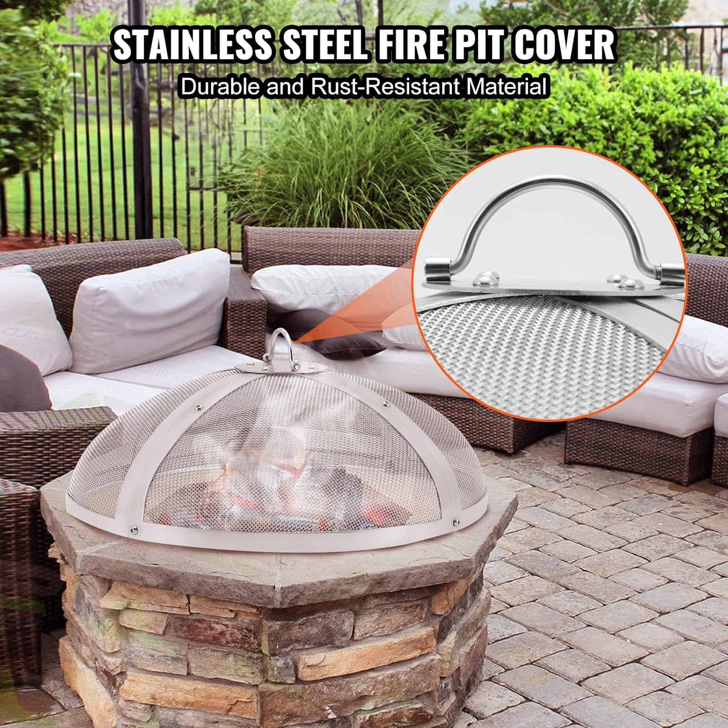 VEVOR Fire Pit Spark Screen round 27", Reinforced Heavy Duty Steel Metal Cover, Outdoor Firepit Lid, Easy-Opening Top Screen Covers round with Ring Handle for Outdoor Patio Fire Pits Backyard image number 3