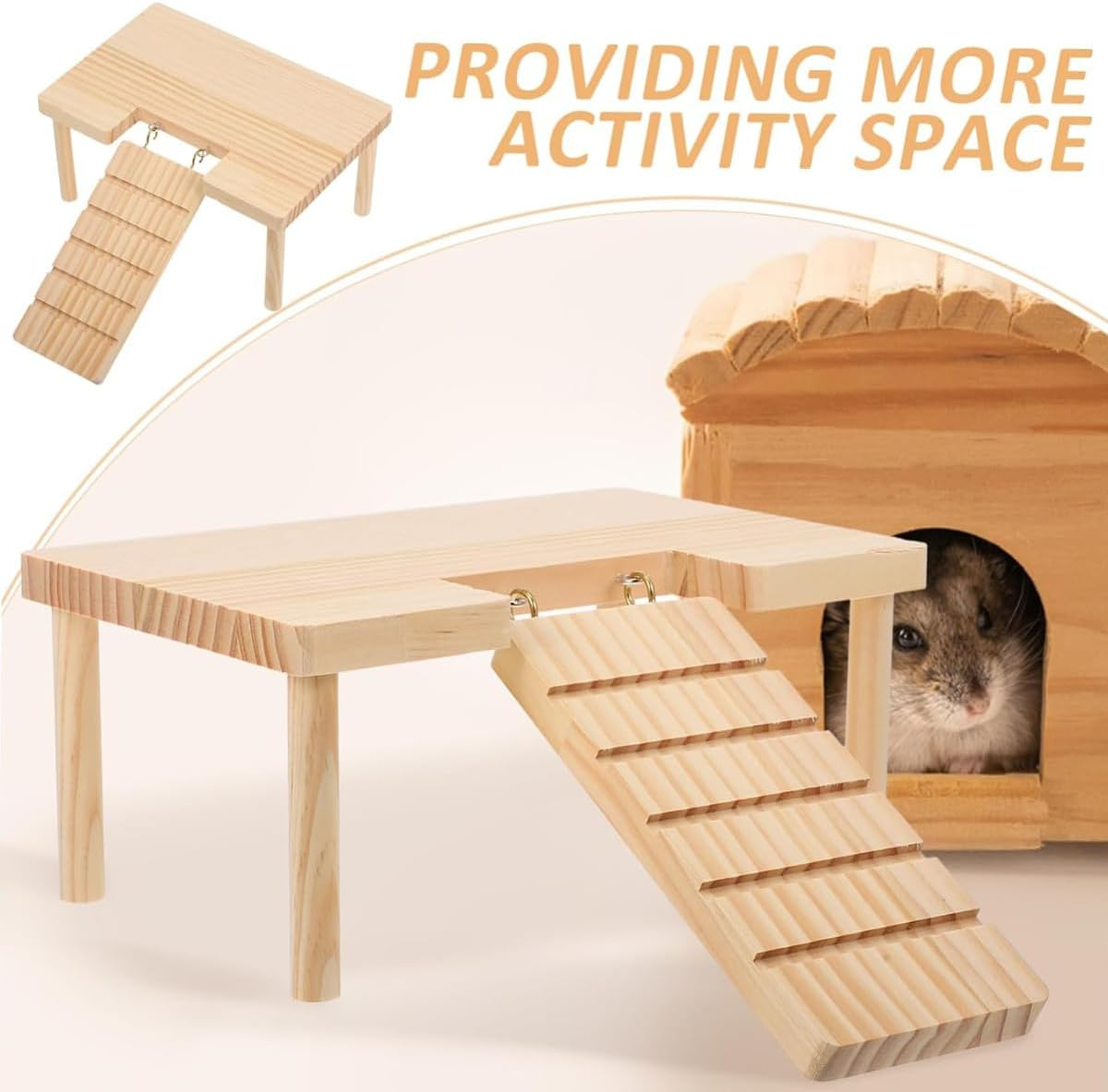 AIMALL Wooden Hamster Platform with Stairs &ndash; Natural Pine Small Animal Playground Landscape Table, Escape House for Syrian, Golden Bear, and Rutin Hamsters, L/U Shaped image number 5