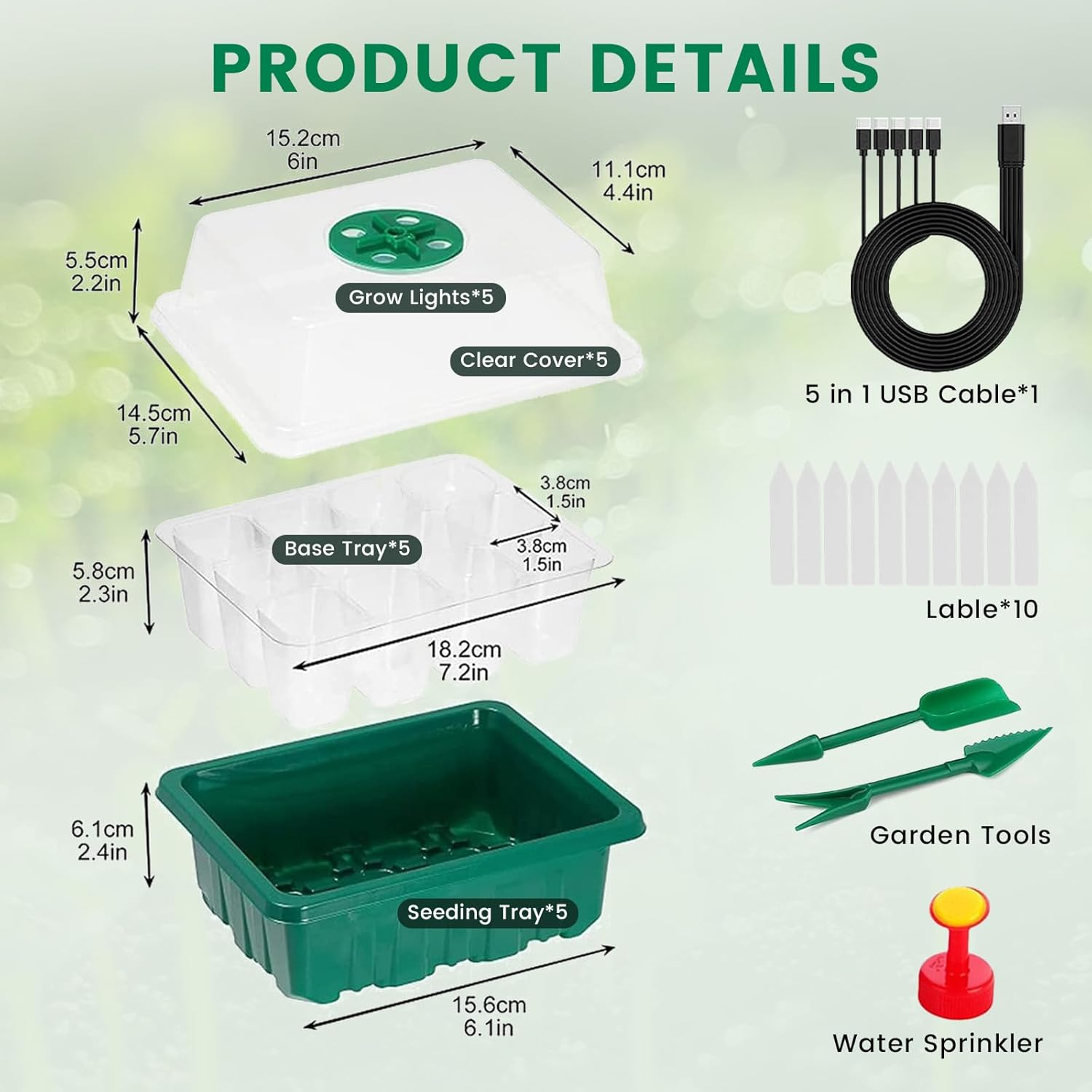 Bonlux 5 Packs Seed Starter Tray with Plant Light, Elevated Seedling Starter Trays Kits with Adjustable Humidity Domes and Clear Cell Tray, 4 Full Spectrum Led Lamp Beads for Plants Indoor-Green image number 5