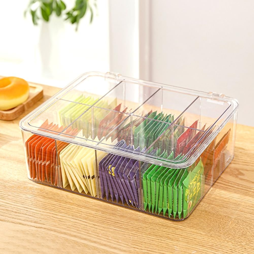 2 Pack Stackable Tea Bag Organizer, 8 Sections Clear Plastic Storage Bin for Coffee Pods, Sugar Packets and Condiments, Space-Saving Kitchen Cabinet and Countertop image number 2