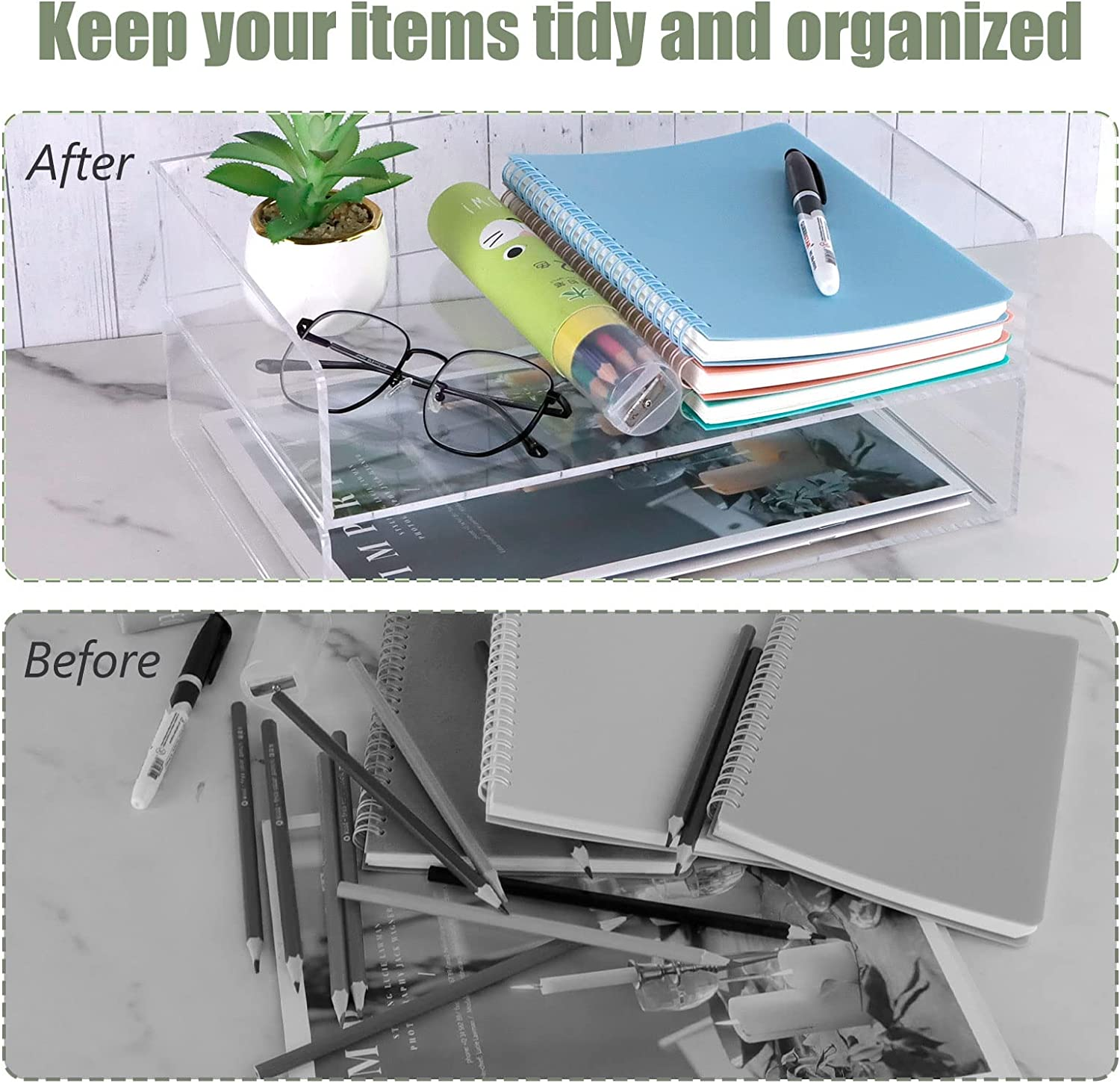 Clear Acrylic Desk Organizers, BOJVESH 2-Tier Paper Organizer Tray, Stackable Classroom File Storage, Workspace Supplies Accessories for Office Home Documents A4 Notebook image number 6