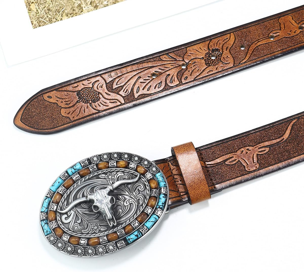 Utaly Western Cowboy Cowgirl Leather Belts - Women Men Turquoise Embossed Waist Belts with Longhorn Bull Buckles image number 3