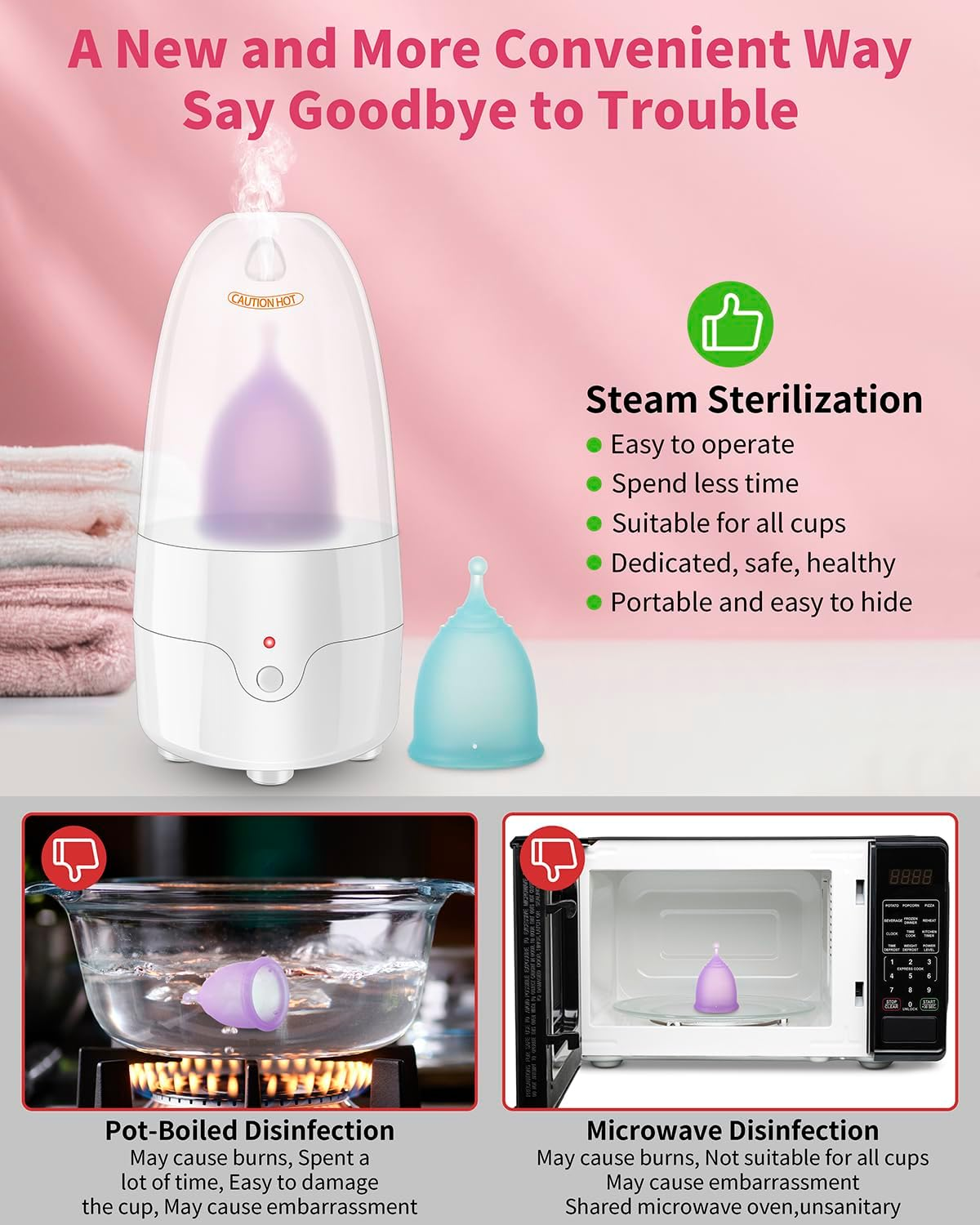 Menstrual Cup Steamer Sterilizer with 2 Reusable Menstrual Cups, Period Cups Cleaner Wash Kit, Cleans Your Cup in 2-5 Mins and Will Automatic Power off When the Temperature Reaches image number 2