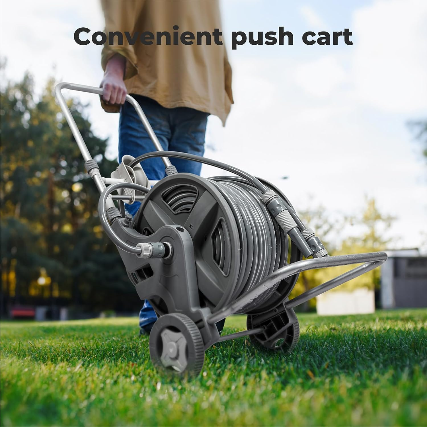 Traderight 45M Portable Water Hose Reel Holder, 1/2'', 2 Nozzle Modes, Self-Closing Water Pipe Valve, Push Cart with Stable Wheels, Garden Watering Car Washing Pet Bathing, PP PVC Material, Outside image number 2