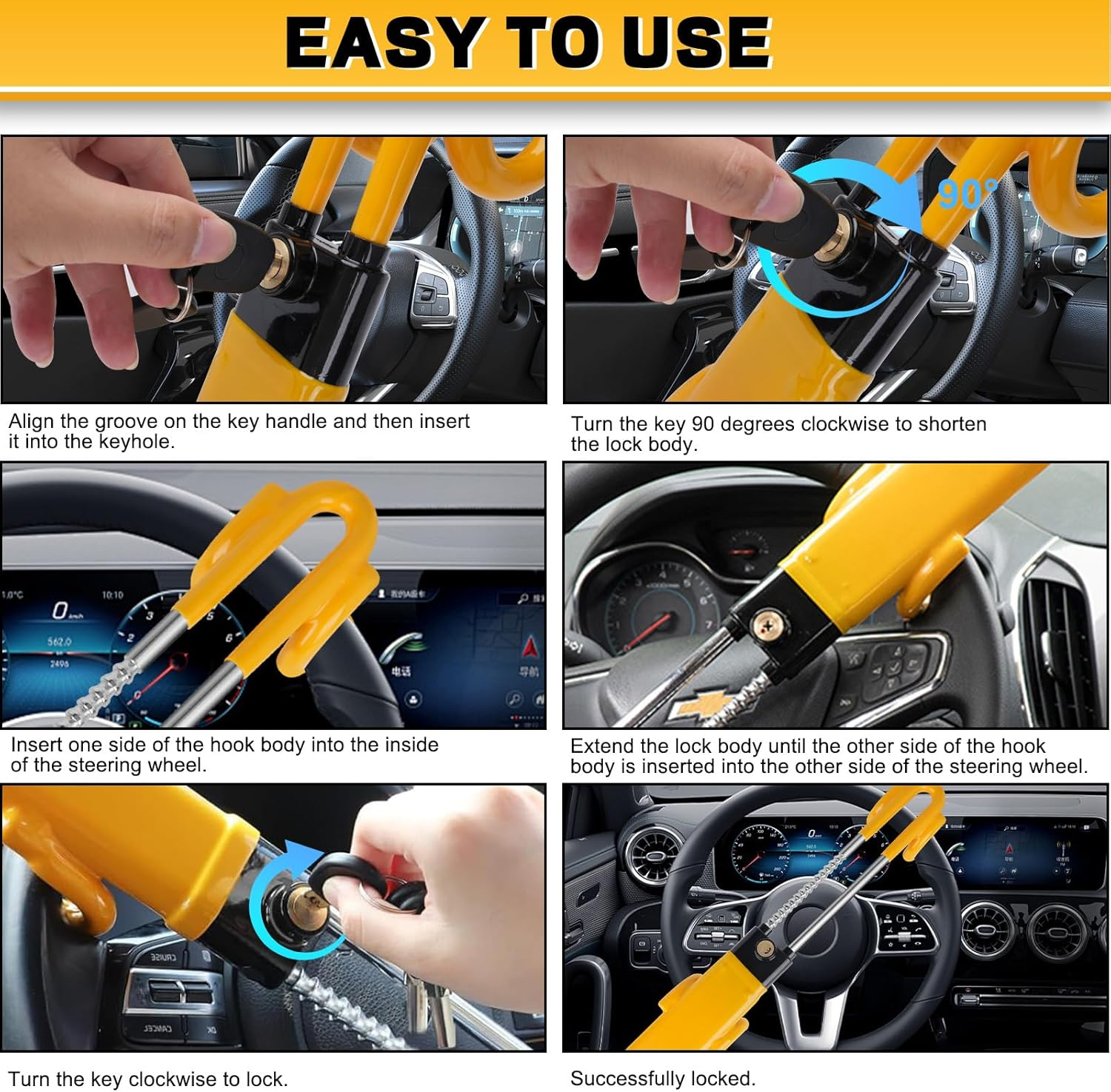 Steering Wheel Lock, Heavy Duty Anti-Theft Security Device for Cars, Adjustable Length Clamp, Double Hook Lock, Suitable for Multiple Car Models image number 1