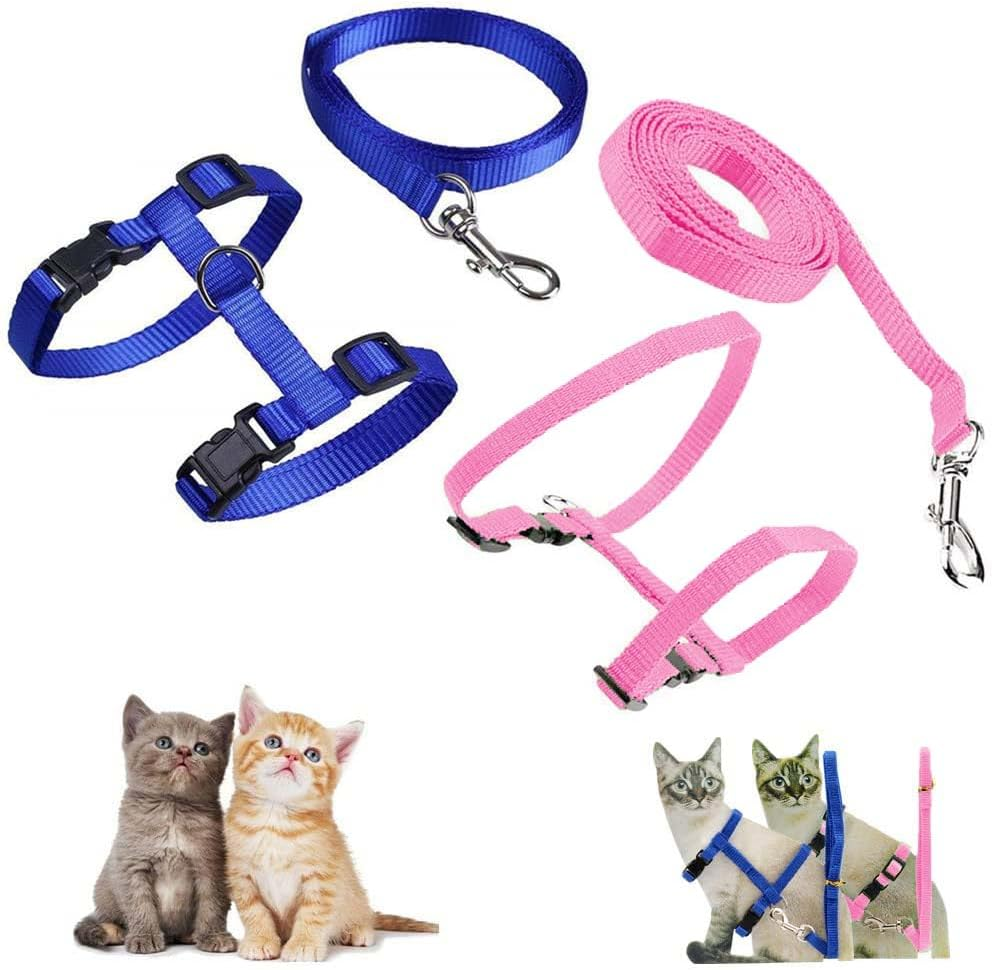 Pack of 2 Adjustable Nylon Harnesses, Cat Lead, Harness, Cat Lead, Kitten Collar, Soft Cat Harness with Lead for Kittens, Puppies, Rabbits (Blue and Pink) image number 1